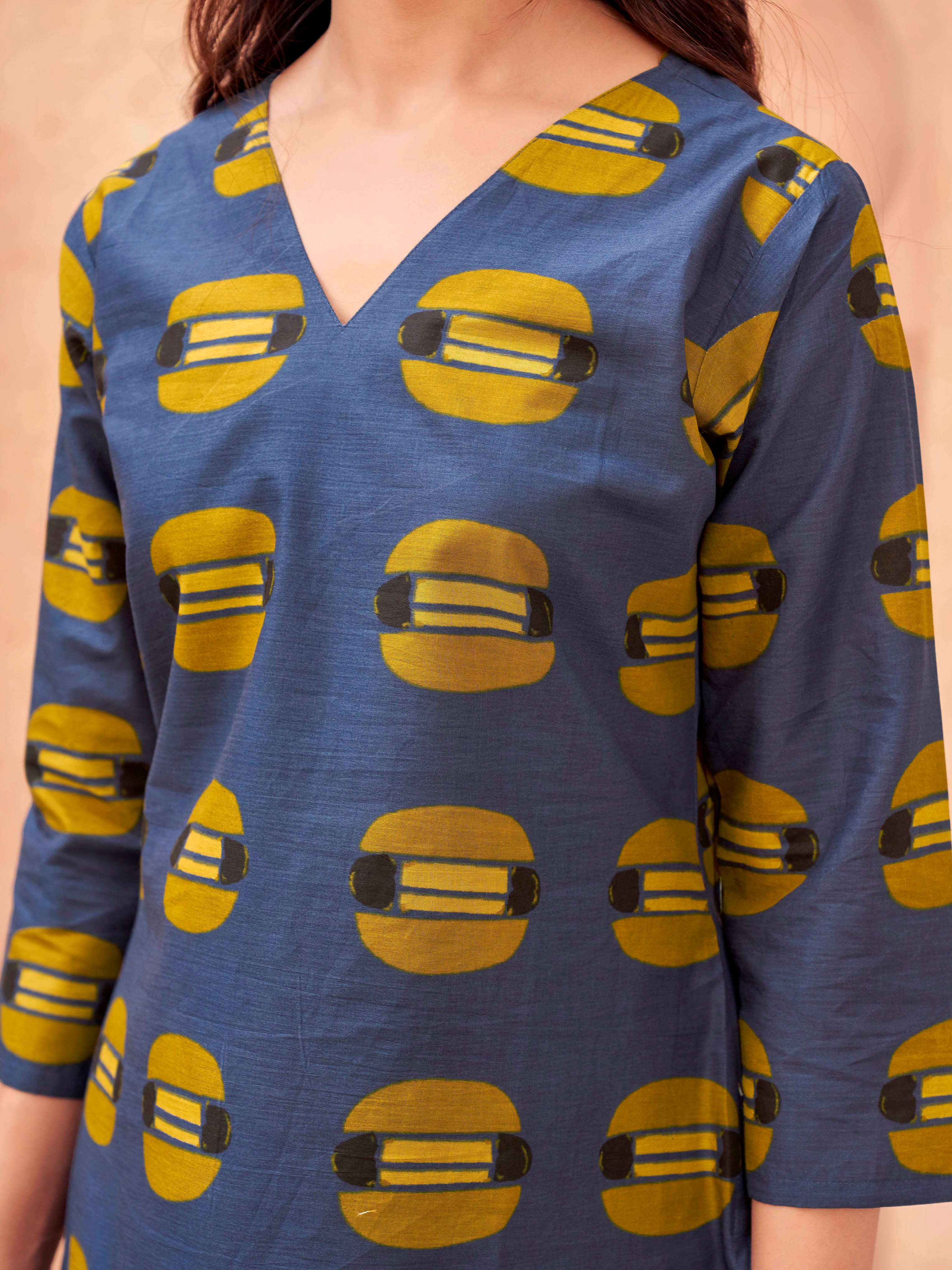 Navy blue color pure cotton printed tunic & printed farsi salwar co-ord set
