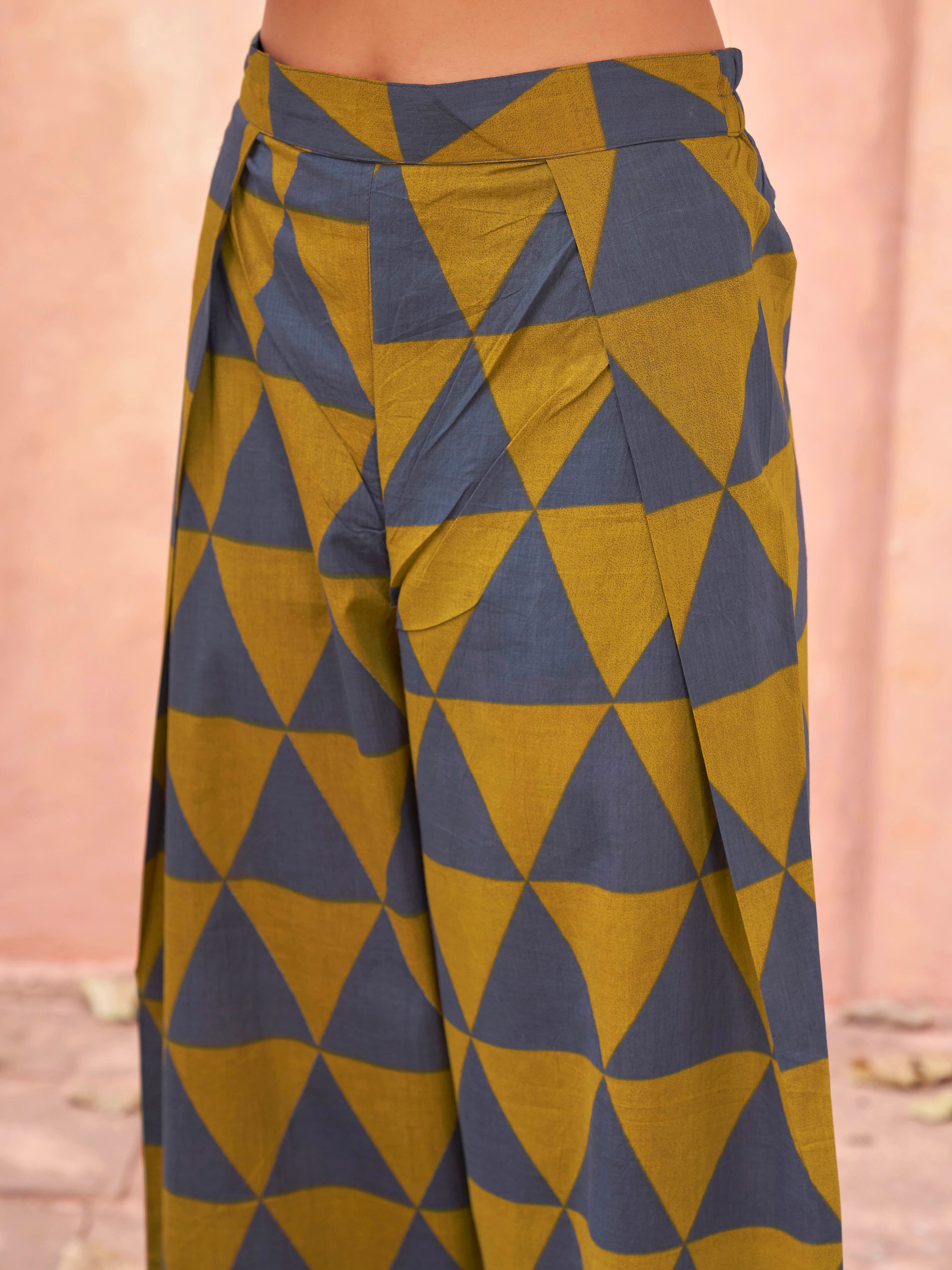Navy blue color pure cotton printed tunic & printed farsi salwar co-ord set