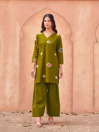 Olive green color pure cotton with printed tunic & solid farsi salwar co-ord set