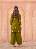 Olive green color pure cotton with printed tunic & solid farsi salwar co-ord set