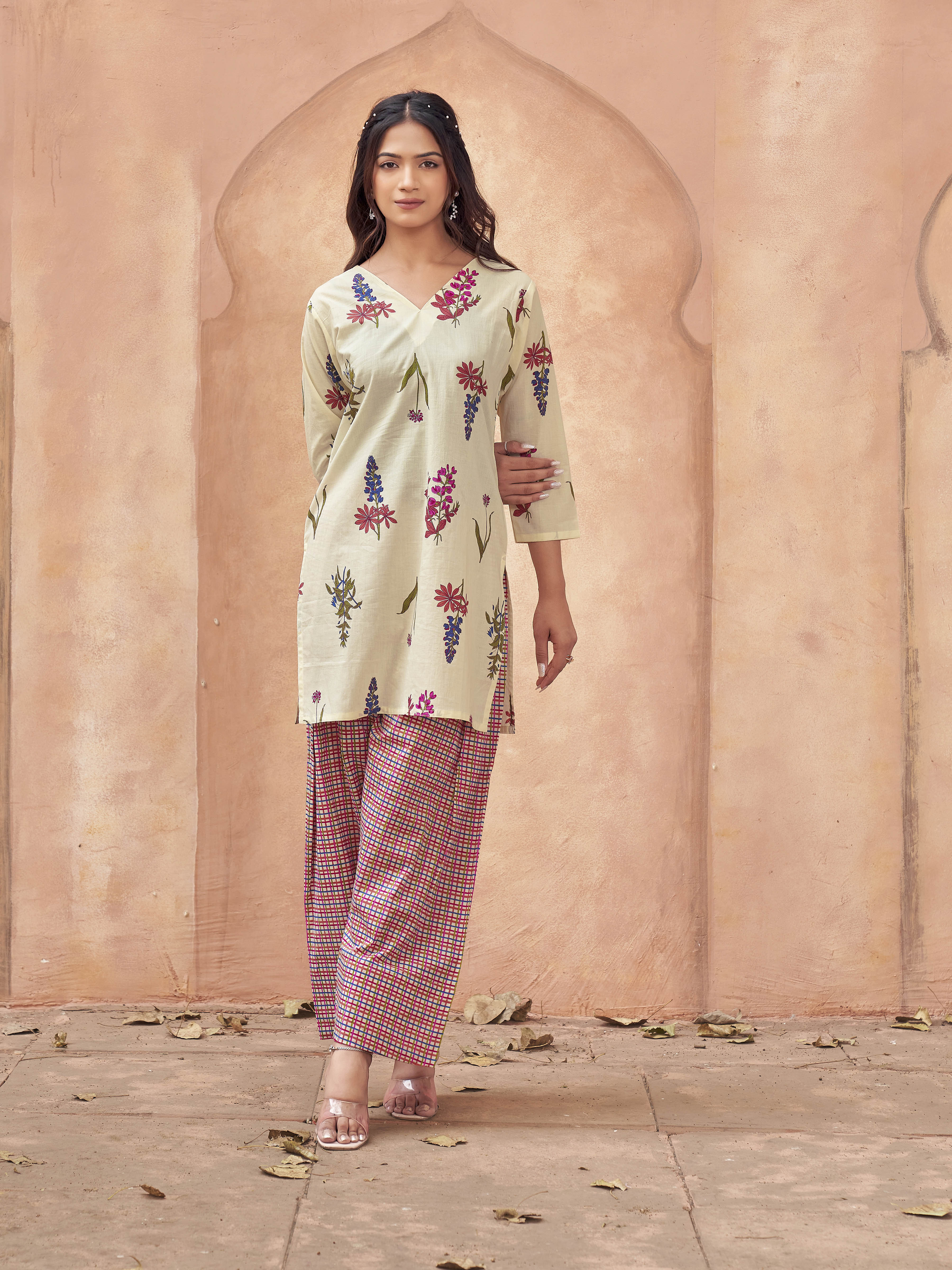 Off white color pure cotton with floral printed tunic & checks printed farsi salwar co-ord set