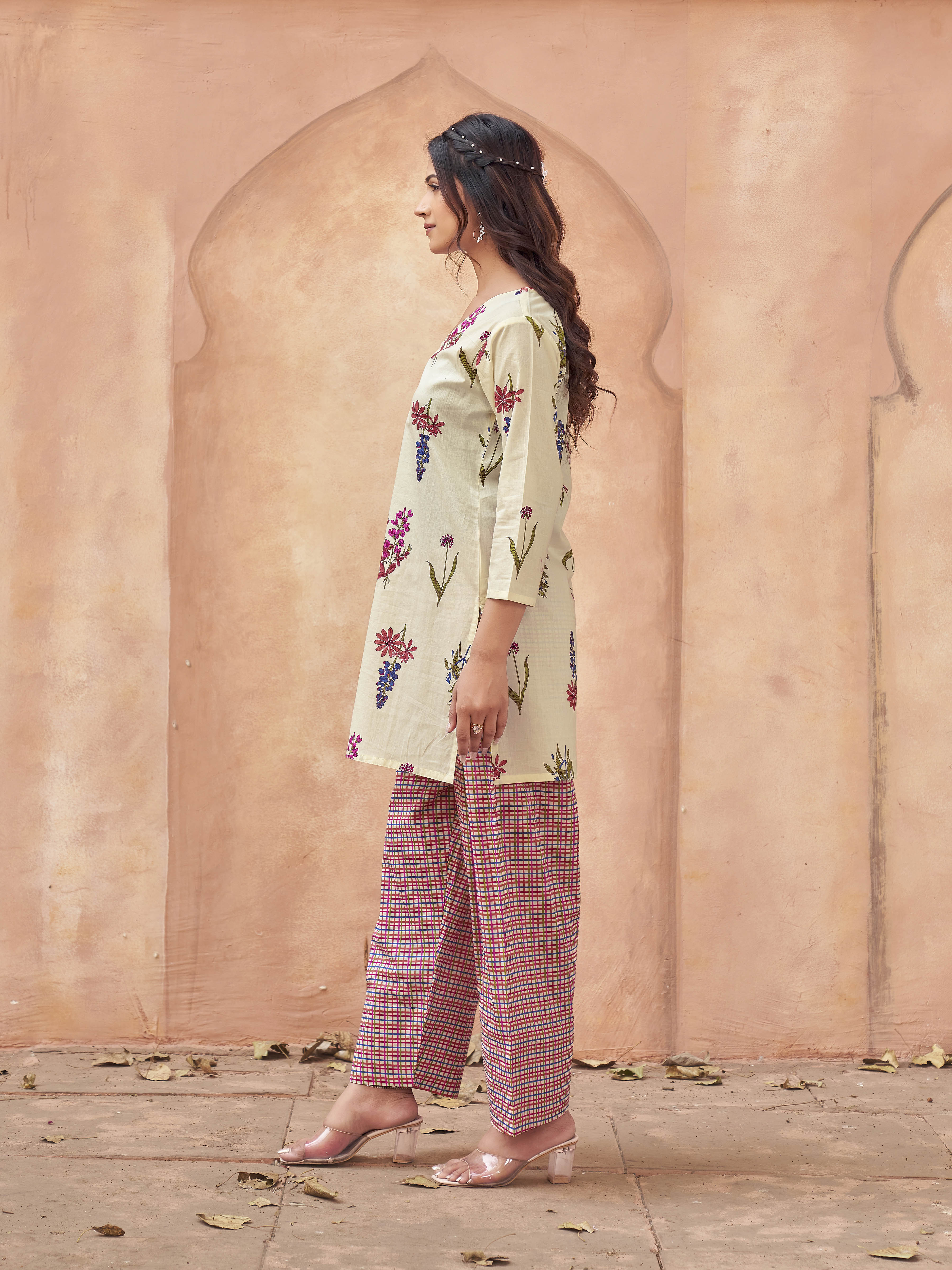 Off white color pure cotton with floral printed tunic & checks printed farsi salwar co-ord set