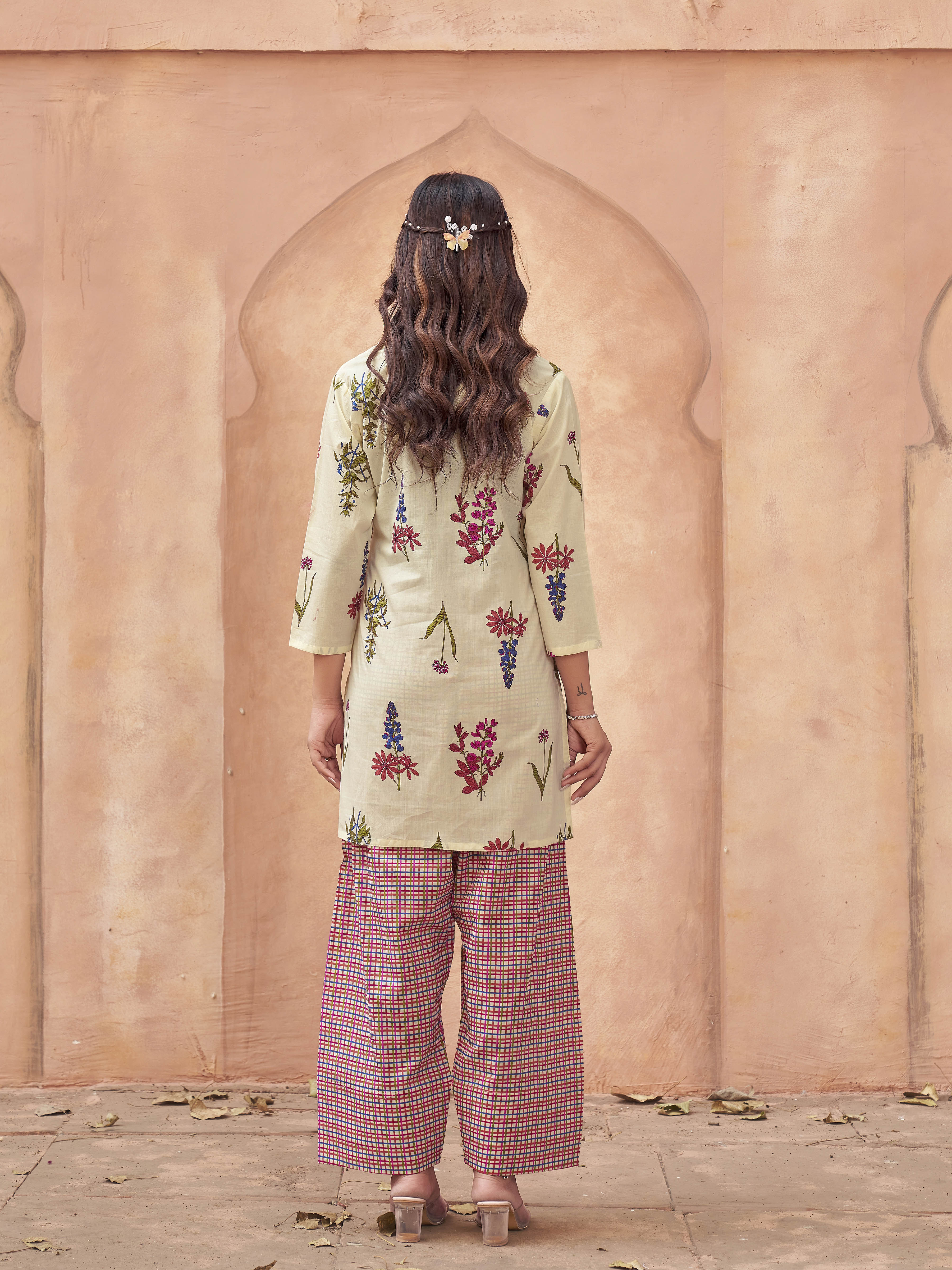 Off white color pure cotton with floral printed tunic & checks printed farsi salwar co-ord set