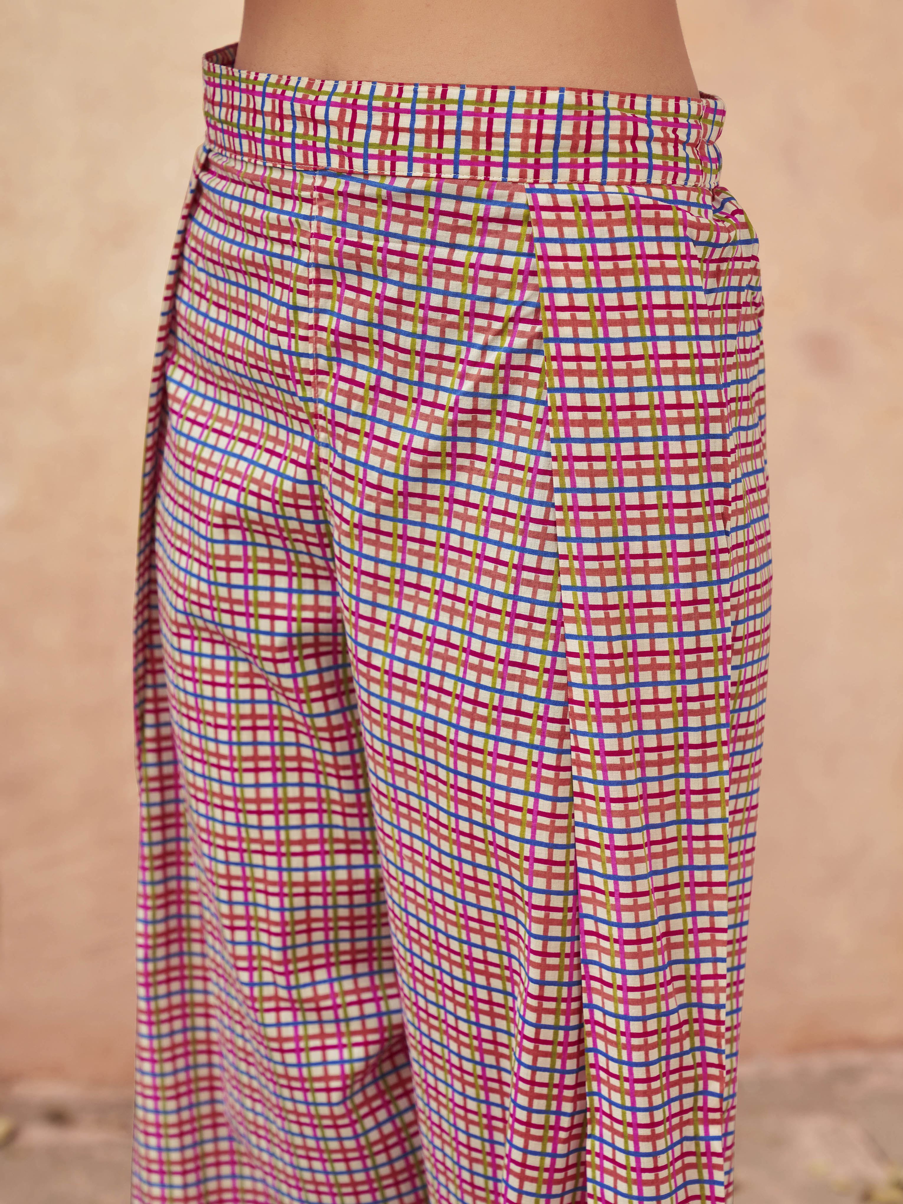 Off white color pure cotton with floral printed tunic & checks printed farsi salwar co-ord set