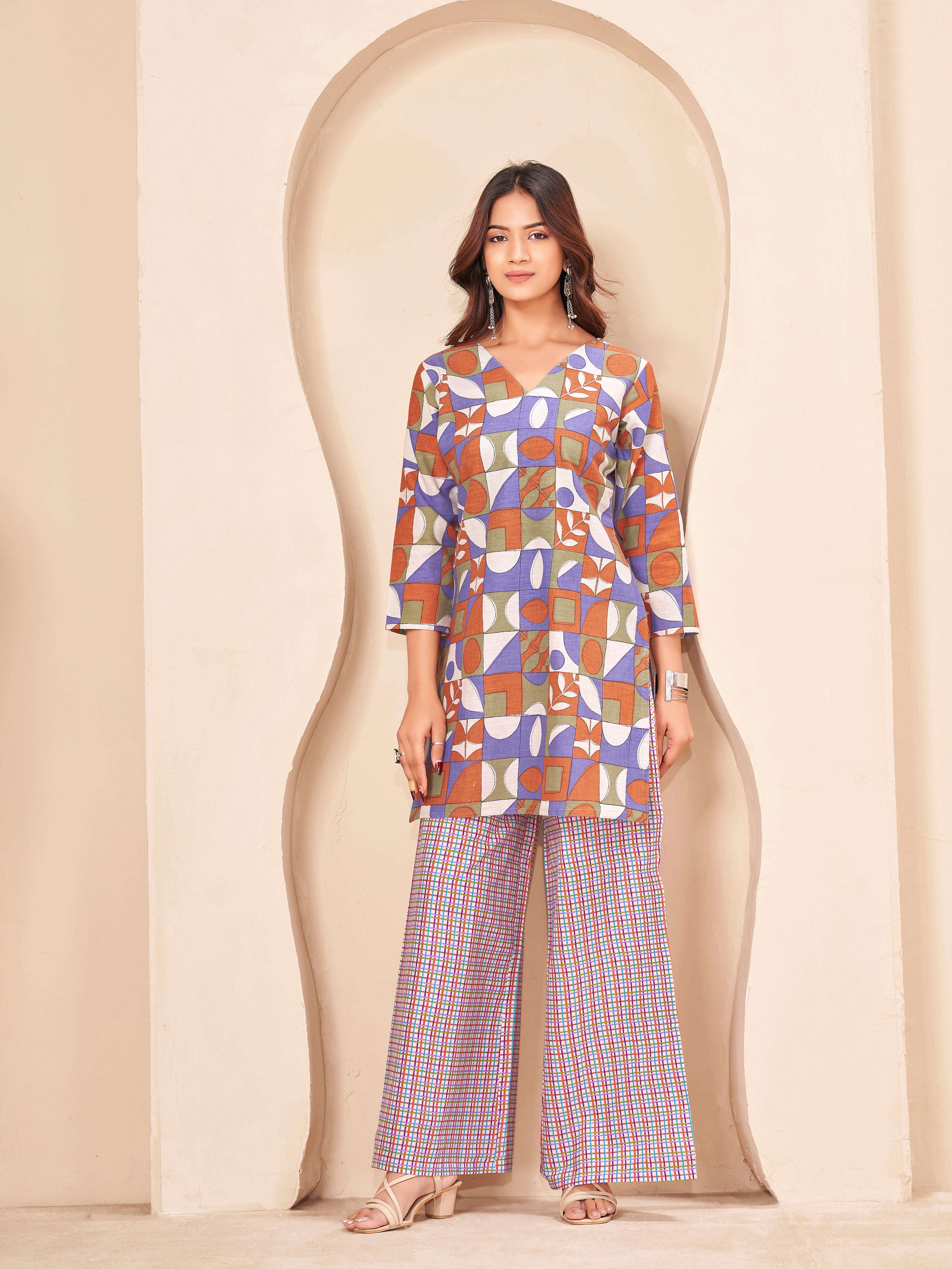 Multi color pure cotton with geometric printed tunic & checks printed plazzo cordset