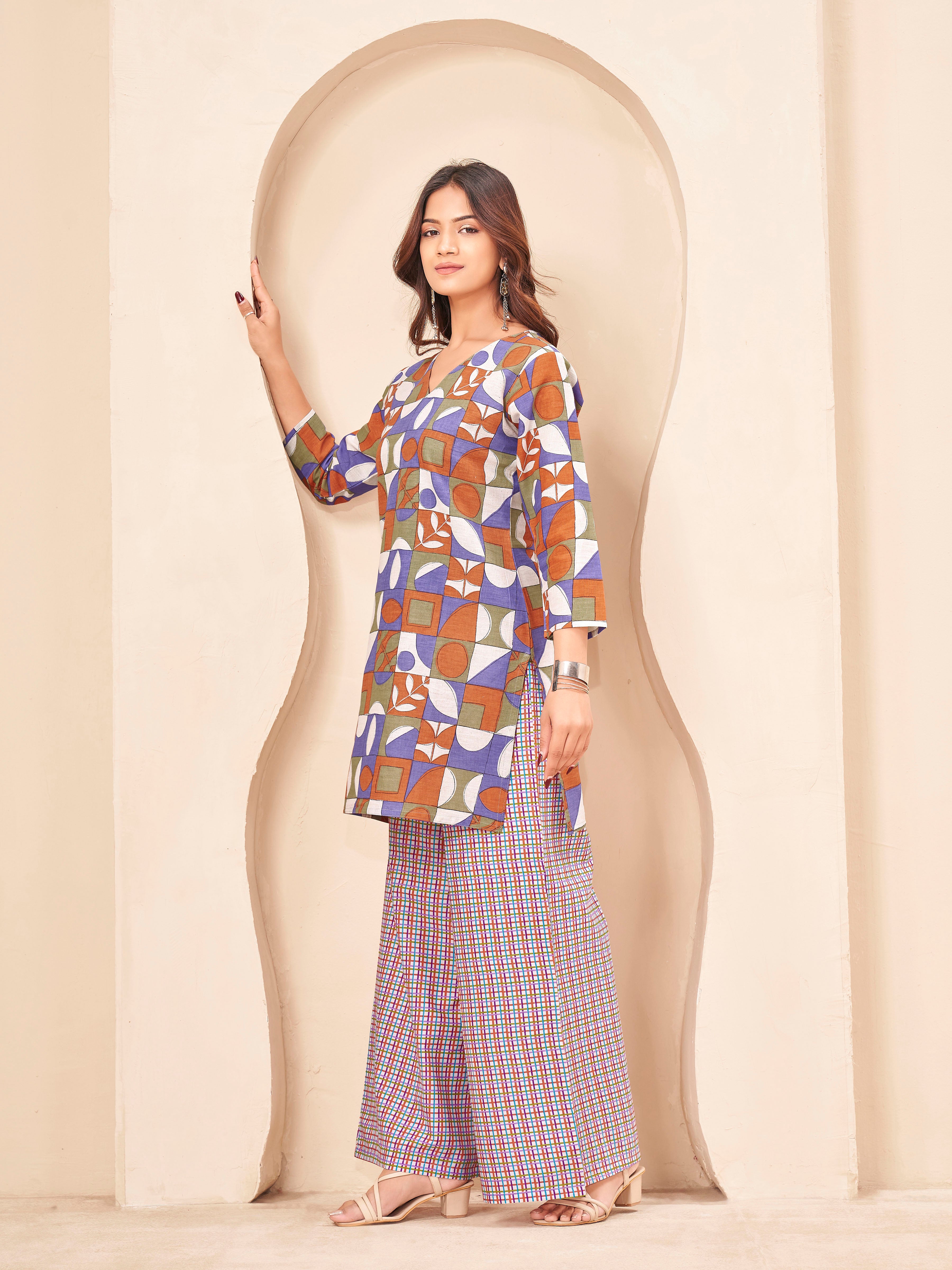 Multi color pure cotton with geometric printed tunic & checks printed plazzo cordset