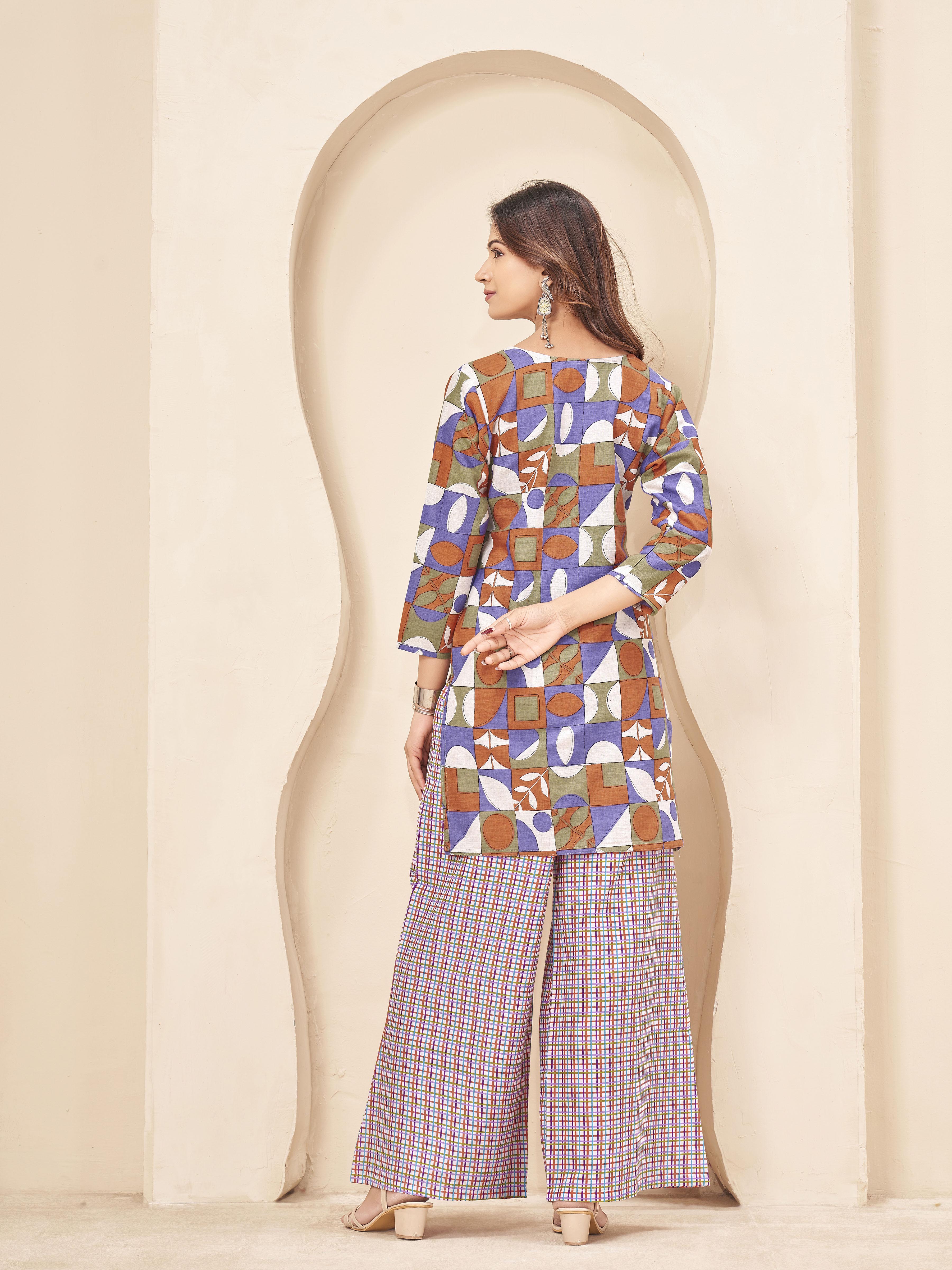 Multi color pure cotton with geometric printed tunic & checks printed plazzo cordset