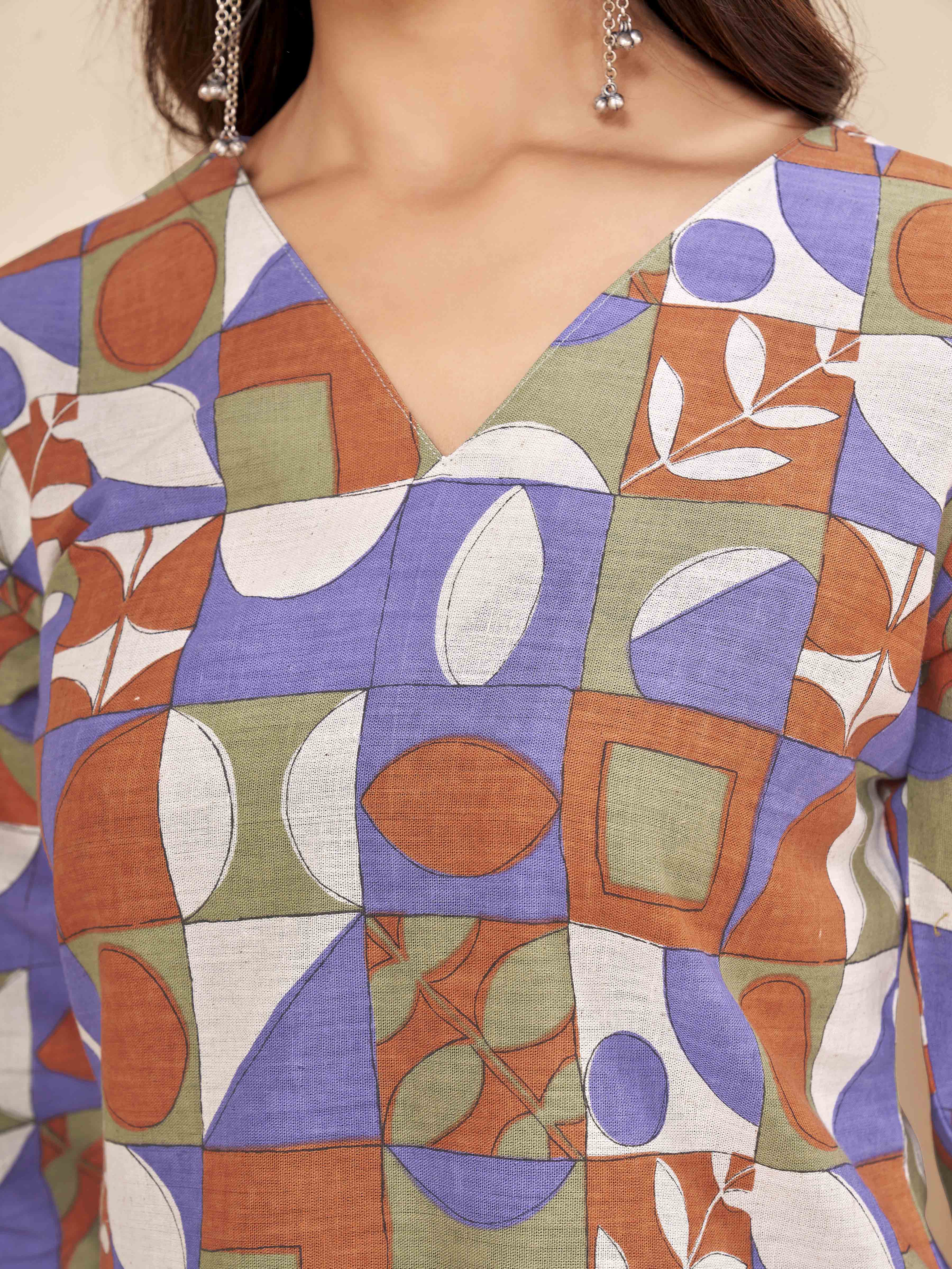 Multi color pure cotton with geometric printed tunic & checks printed plazzo cordset