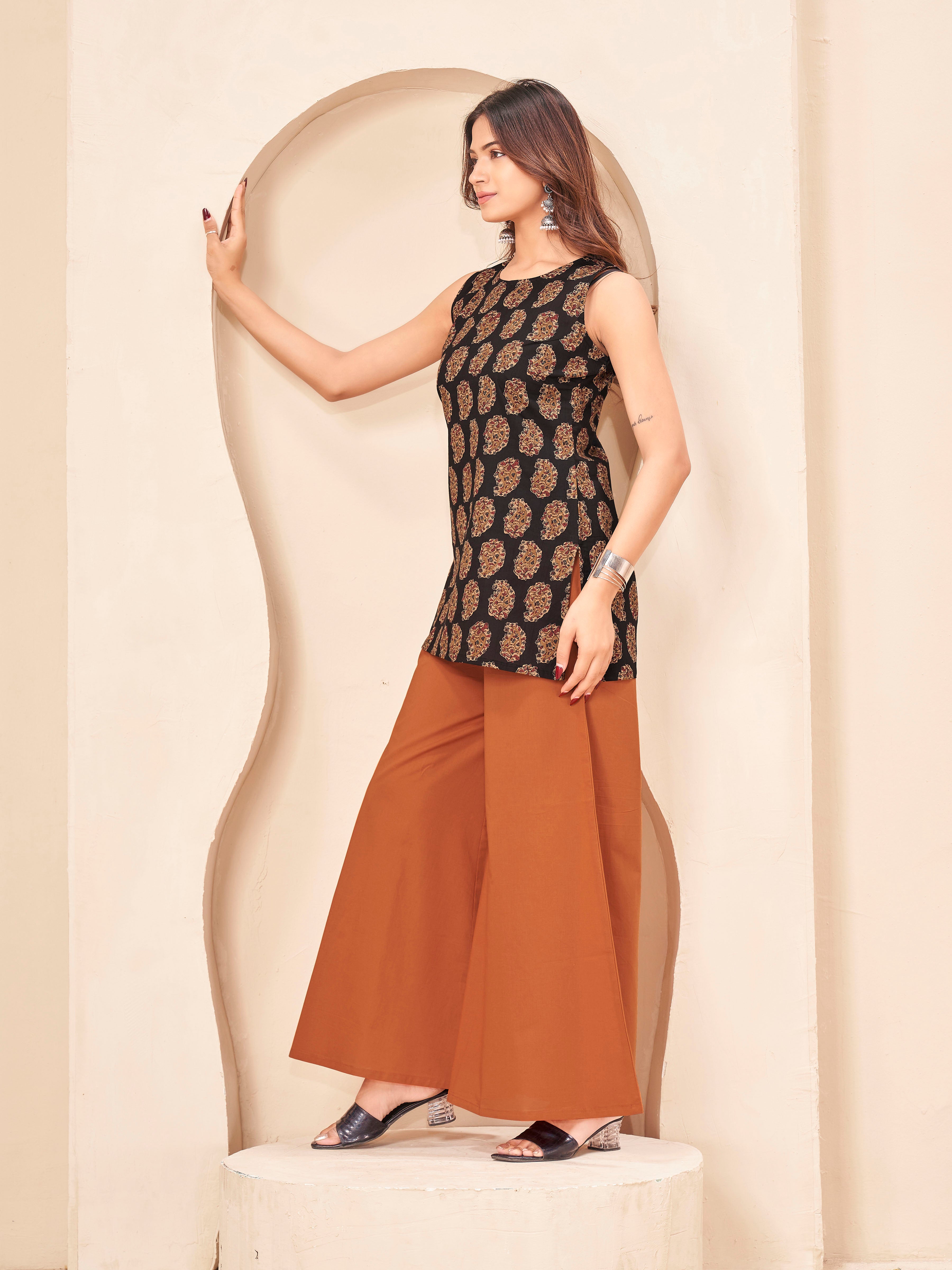 Sleeveless black color jaipuri printed incut style kurti with plazzo & stylised back dori cordset