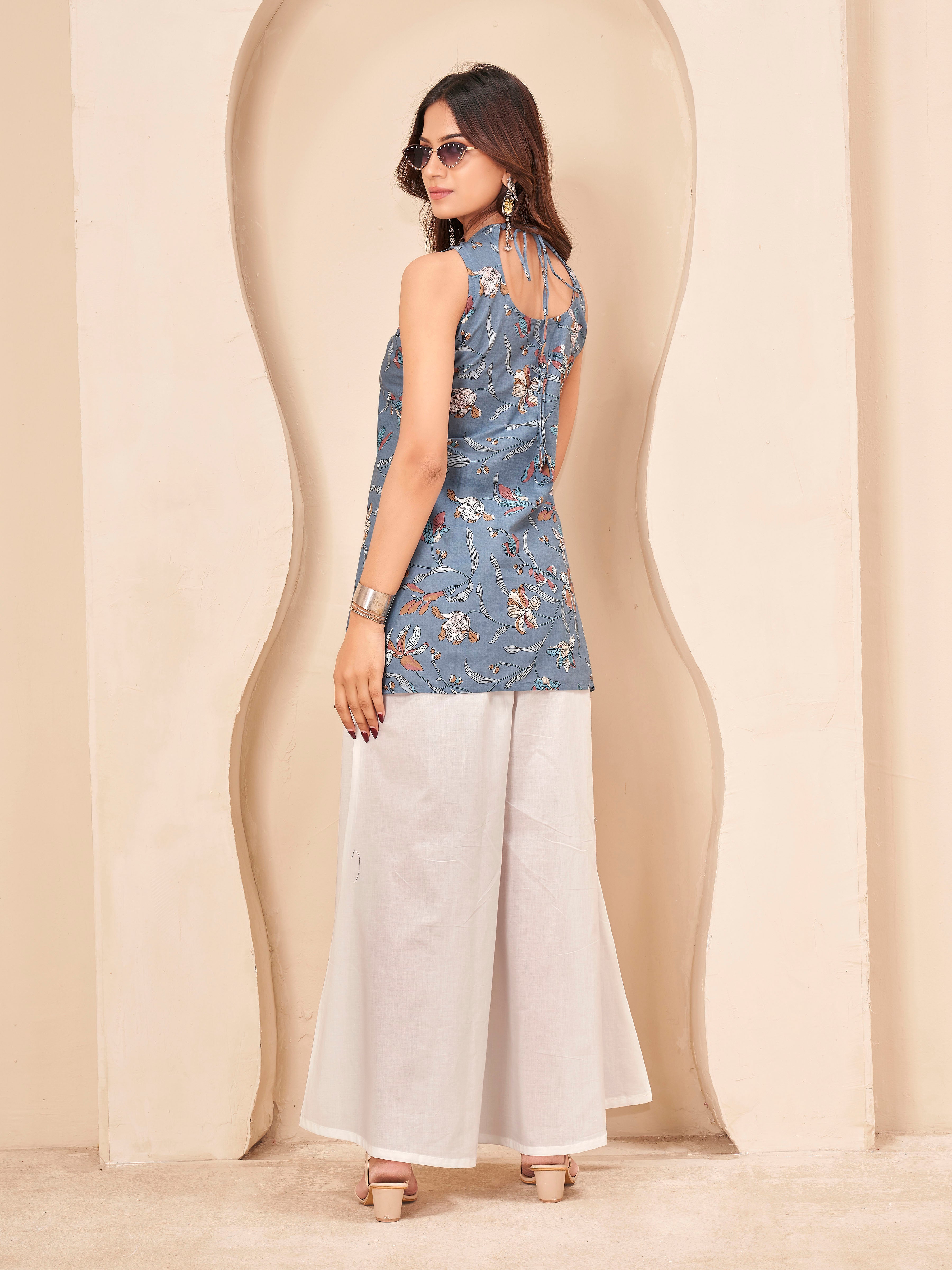 Sleeveless grey color jaipuri printed incut style kurti with plazzo & stylished back dori cordset