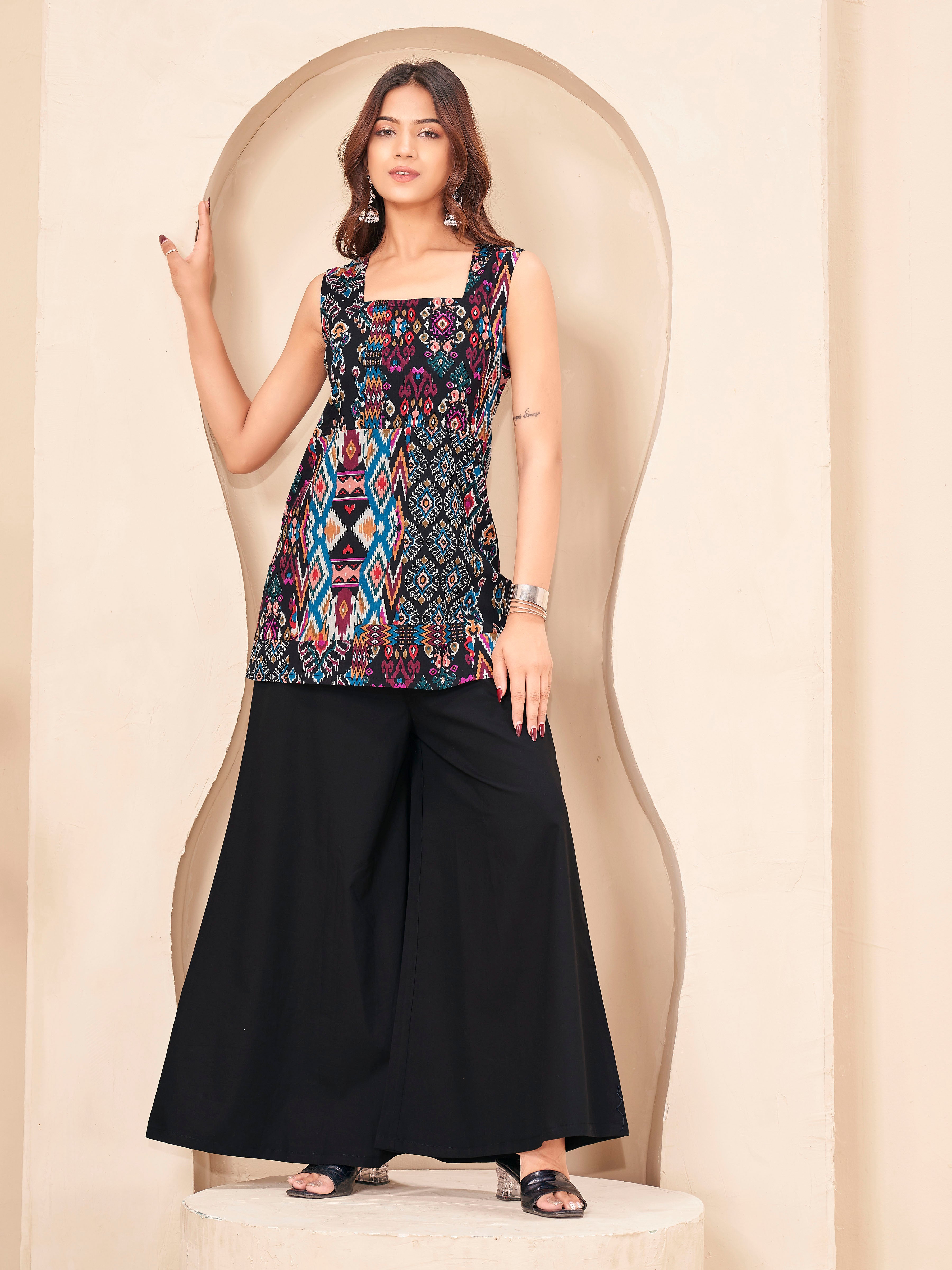 sleeveless black color jaipuri printed kurti with plazzo and back dori design cordset