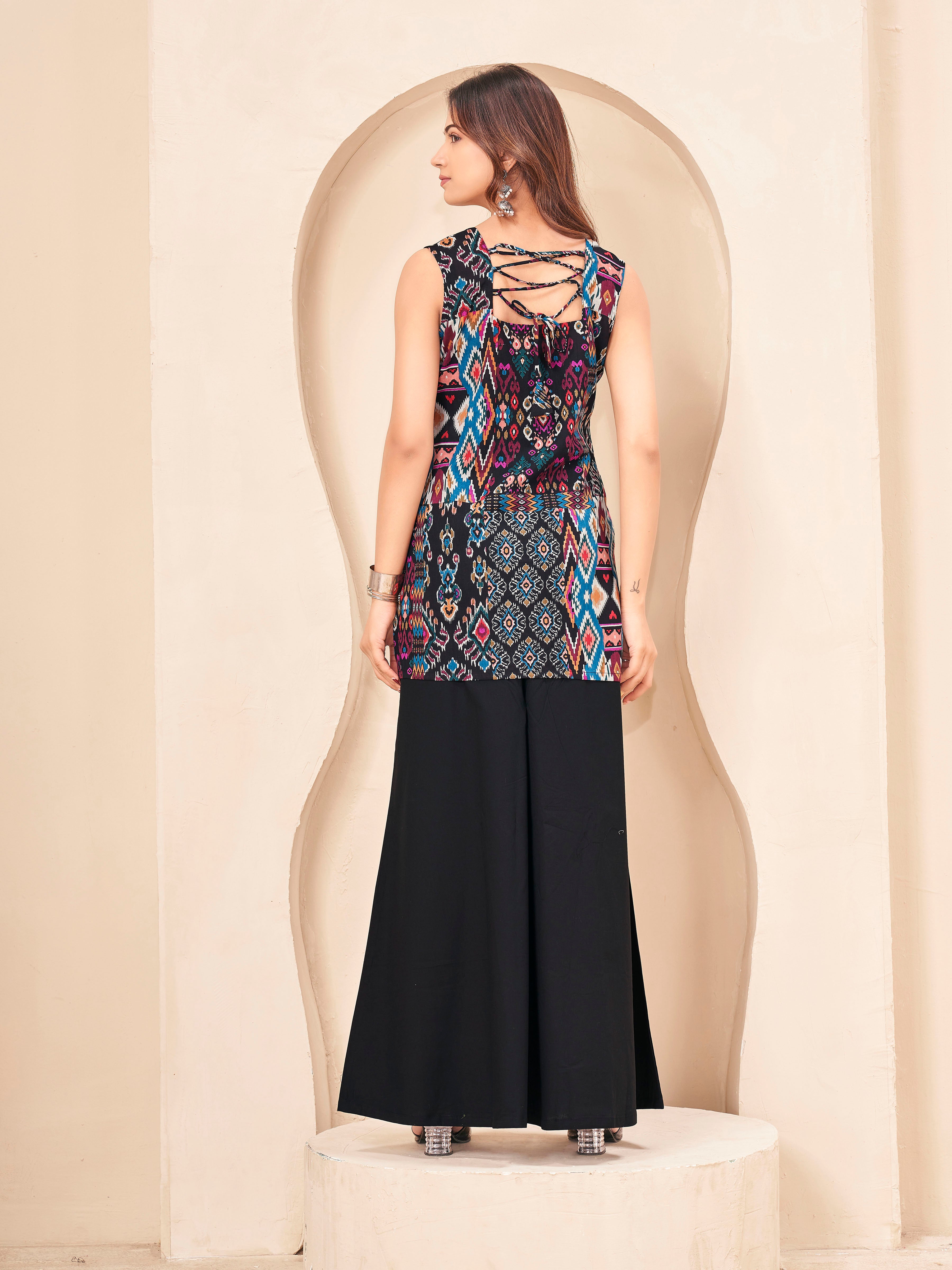 sleeveless black color jaipuri printed kurti with plazzo and back dori design cordset