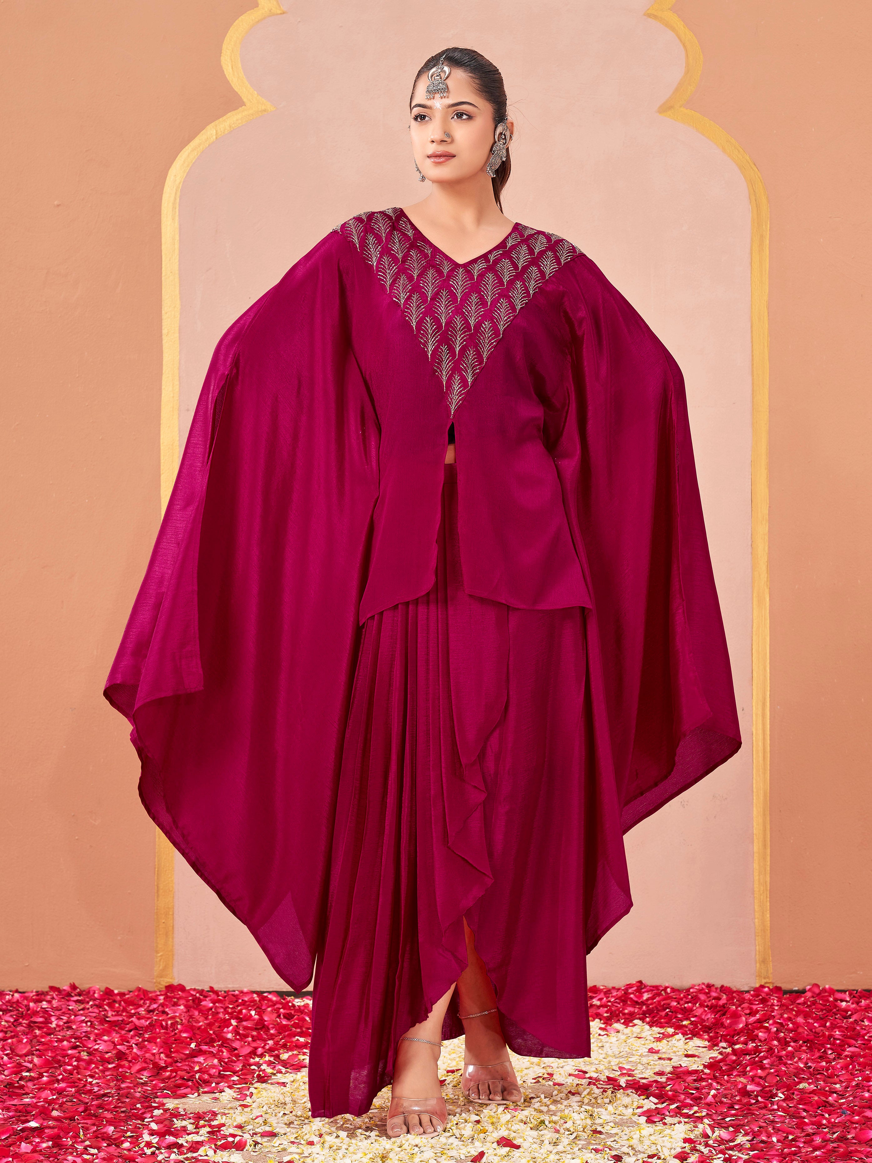 Rani pink color silk blend with sequinns work kaftan style top & drape skirt co-ord set