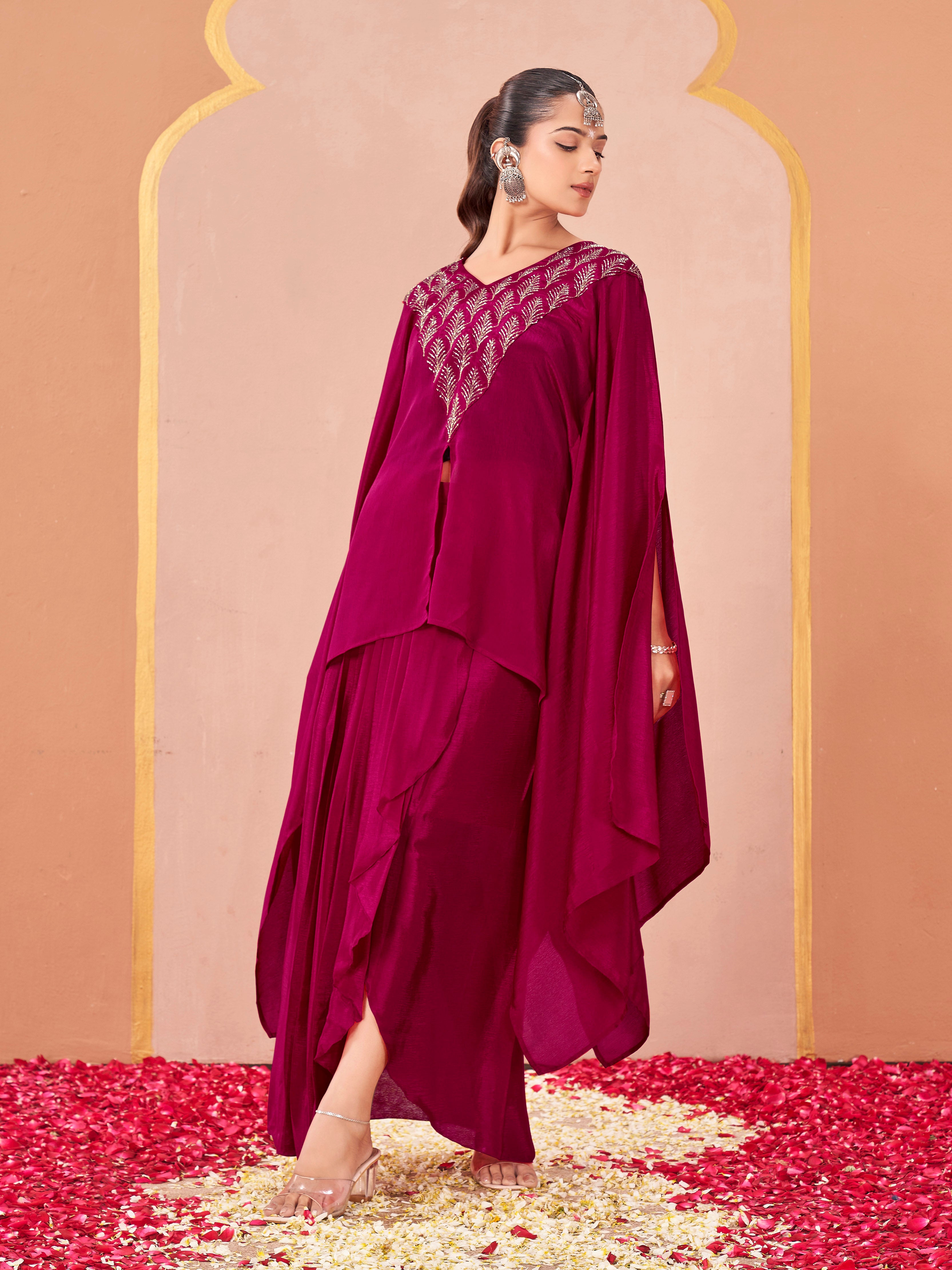 Rani pink color silk blend with sequinns work kaftan style top & drape skirt co-ord set