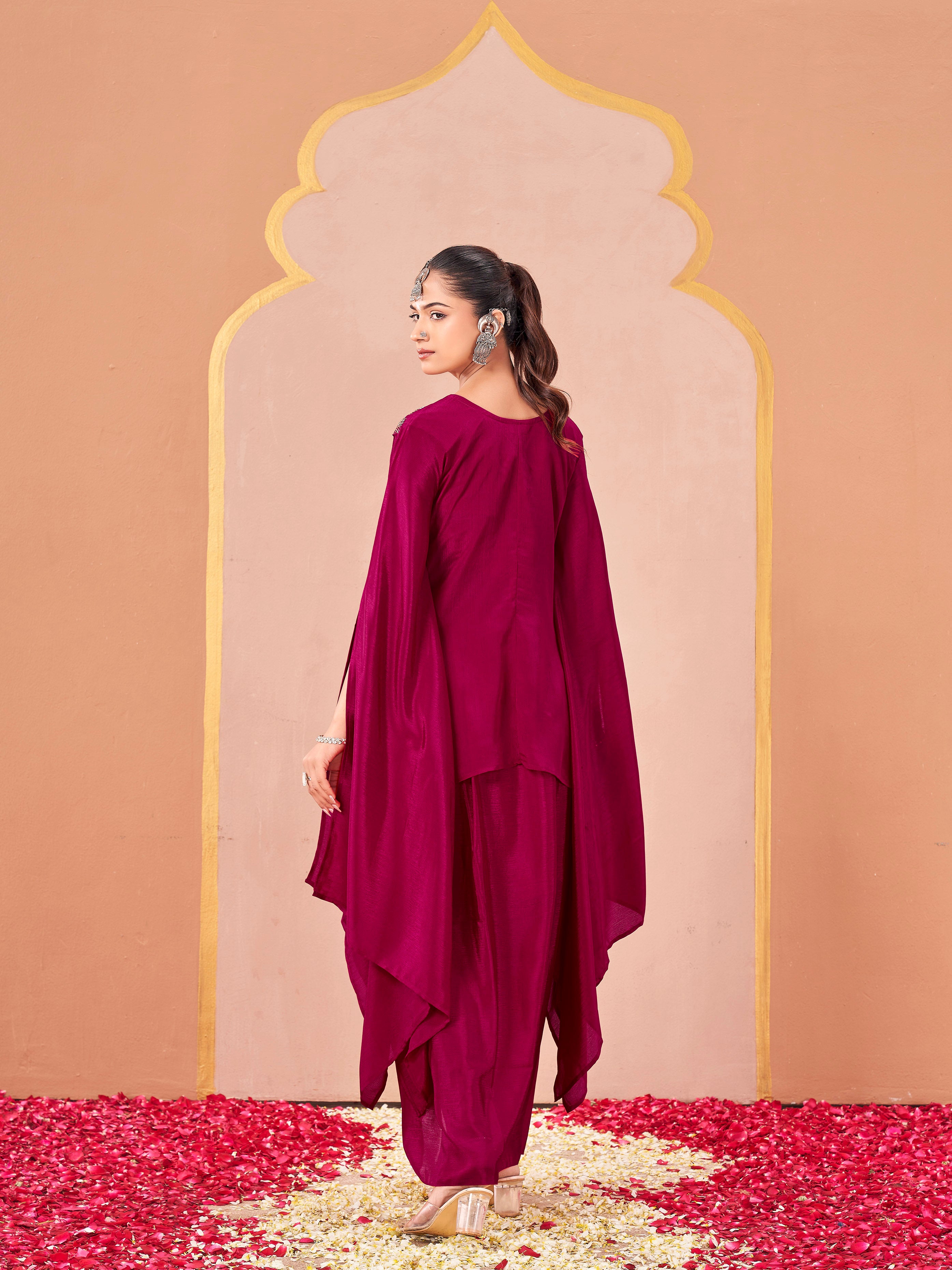 Rani pink color silk blend with sequinns work kaftan style top & drape skirt co-ord set