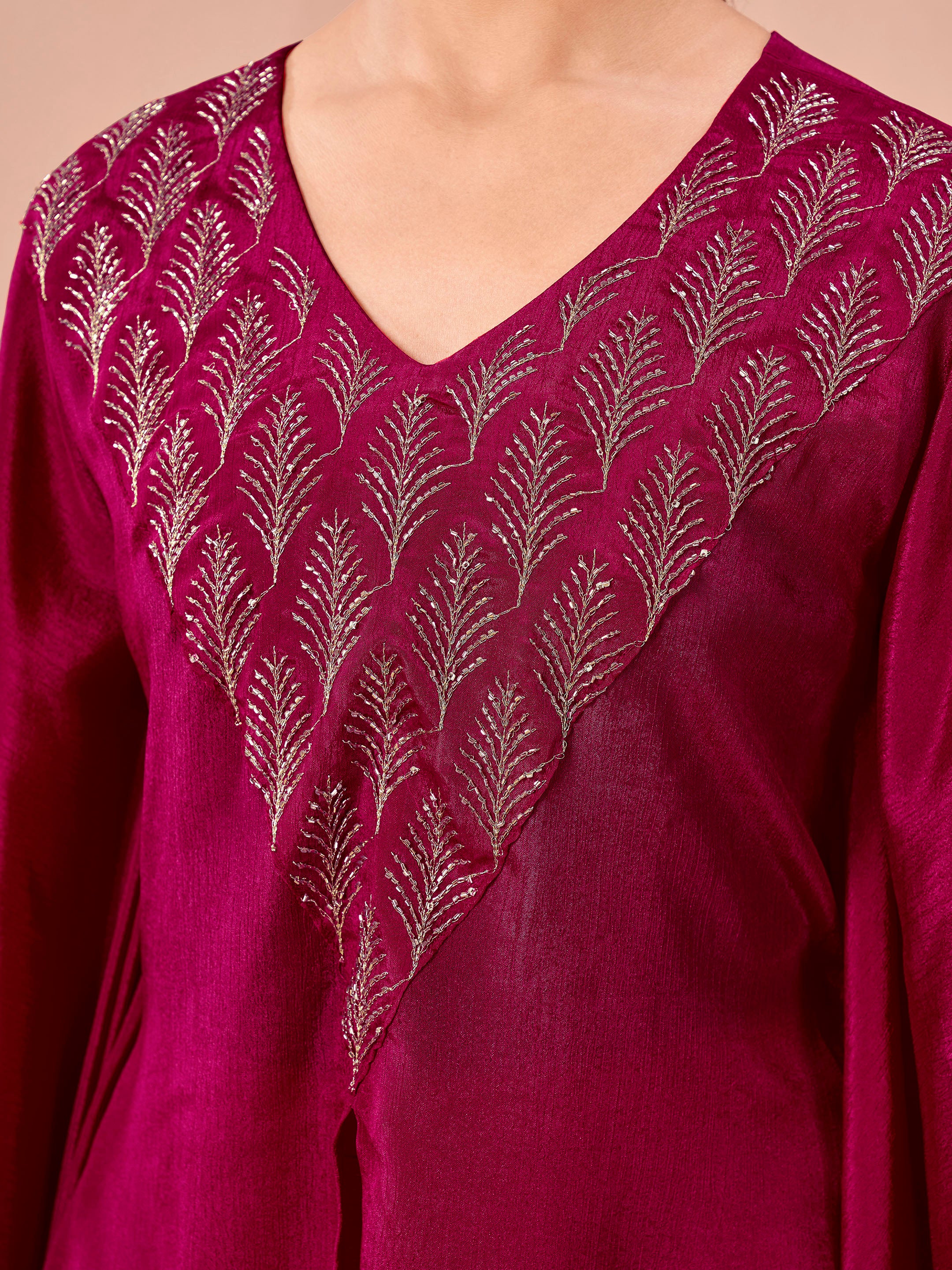 Rani pink color silk blend with sequinns work kaftan style top & drape skirt co-ord set