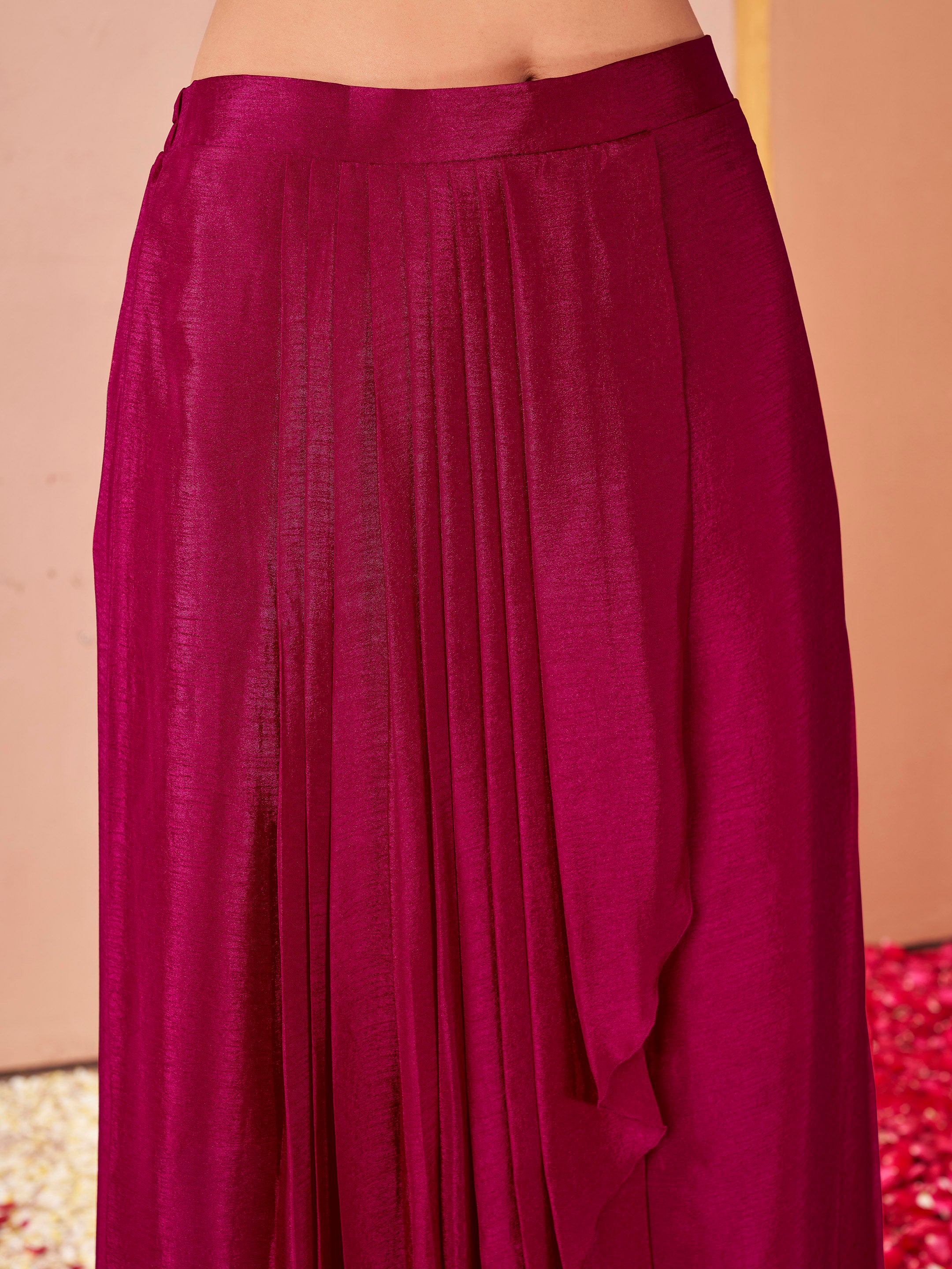 Rani pink color silk blend with sequinns work kaftan style top & drape skirt co-ord set