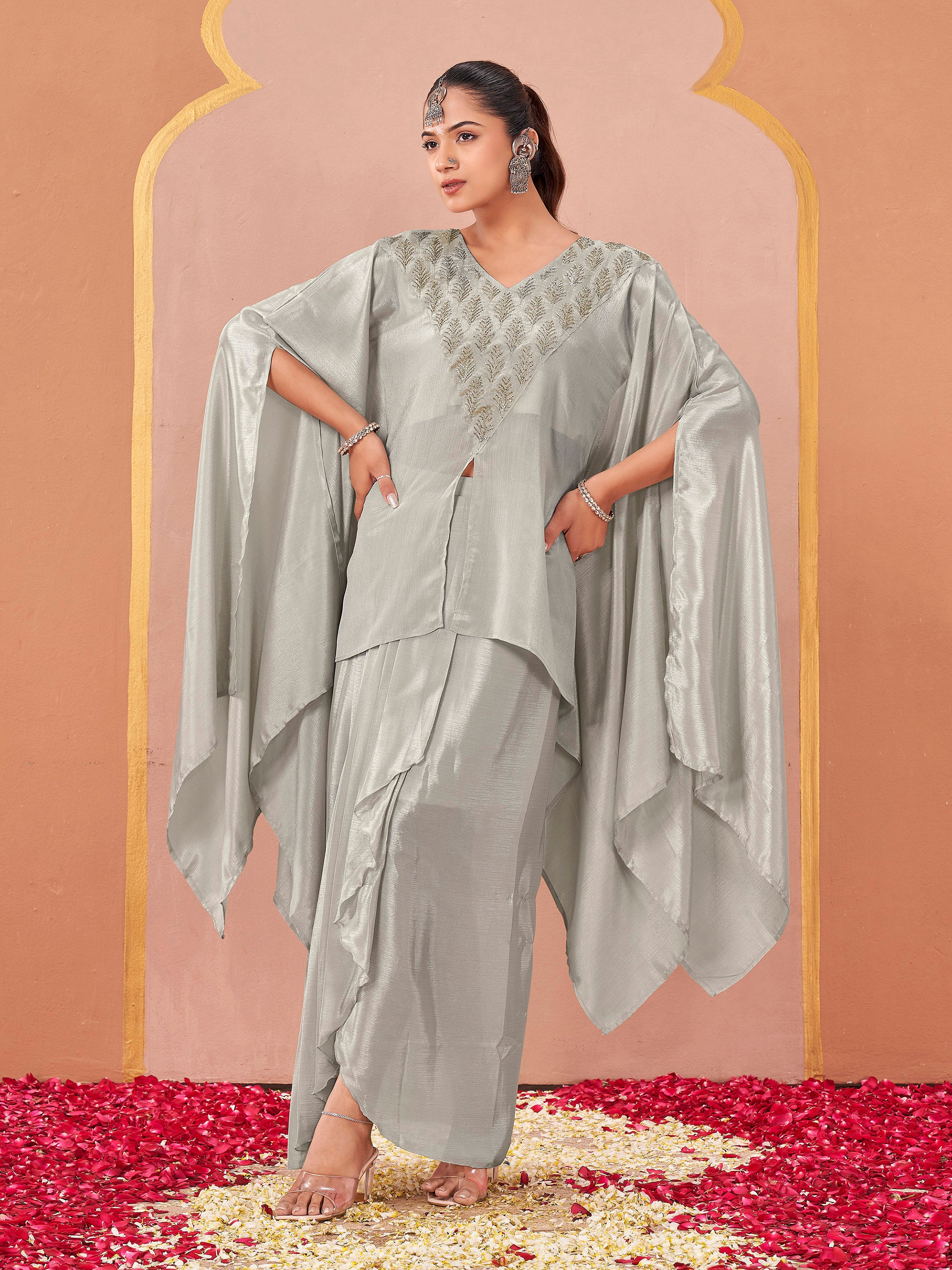 Steel Grey color silk blend with sequinns work kaftan style top & drape skirt co-ord set