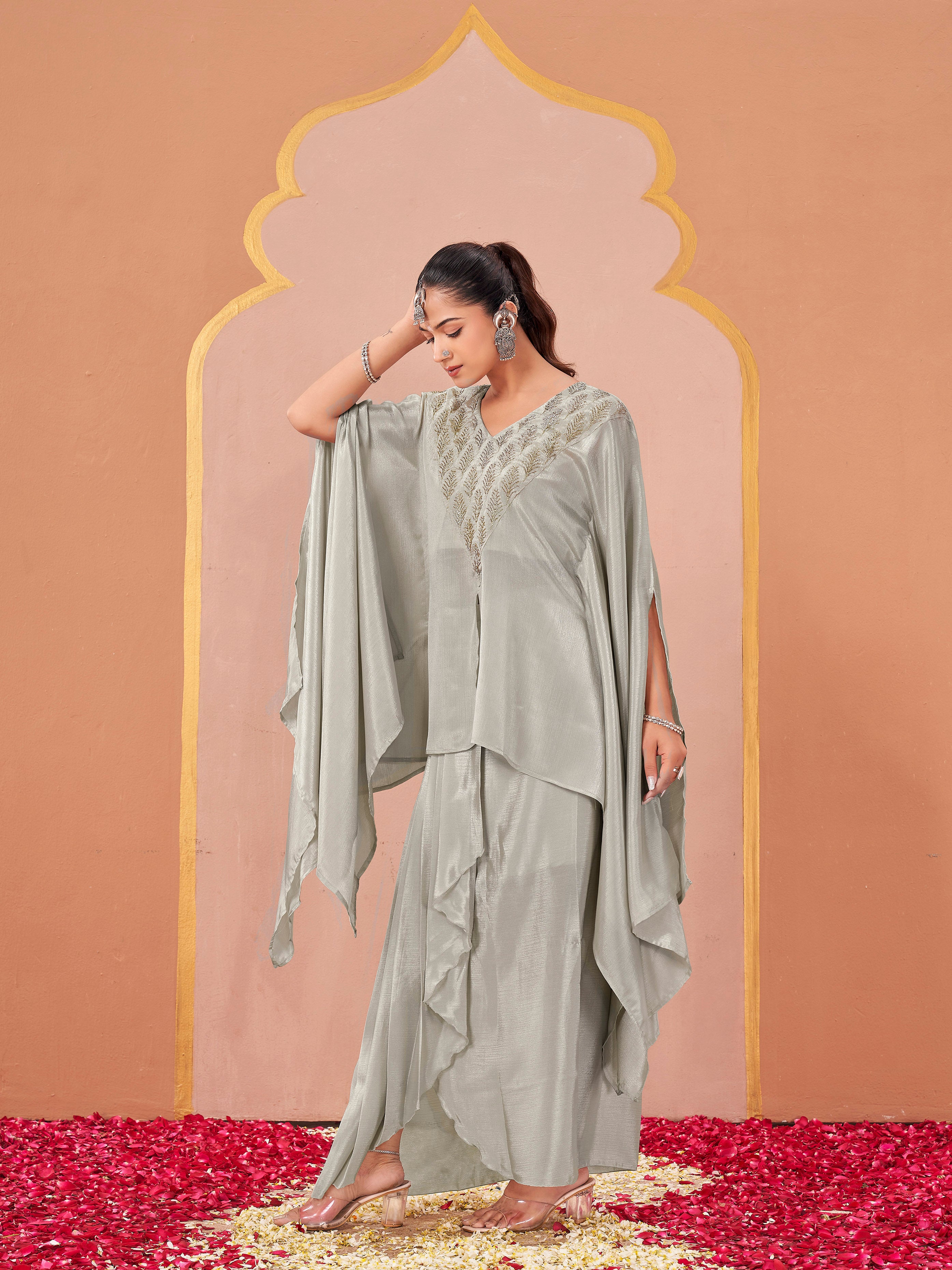 Steel Grey color silk blend with sequinns work kaftan style top & drape skirt co-ord set