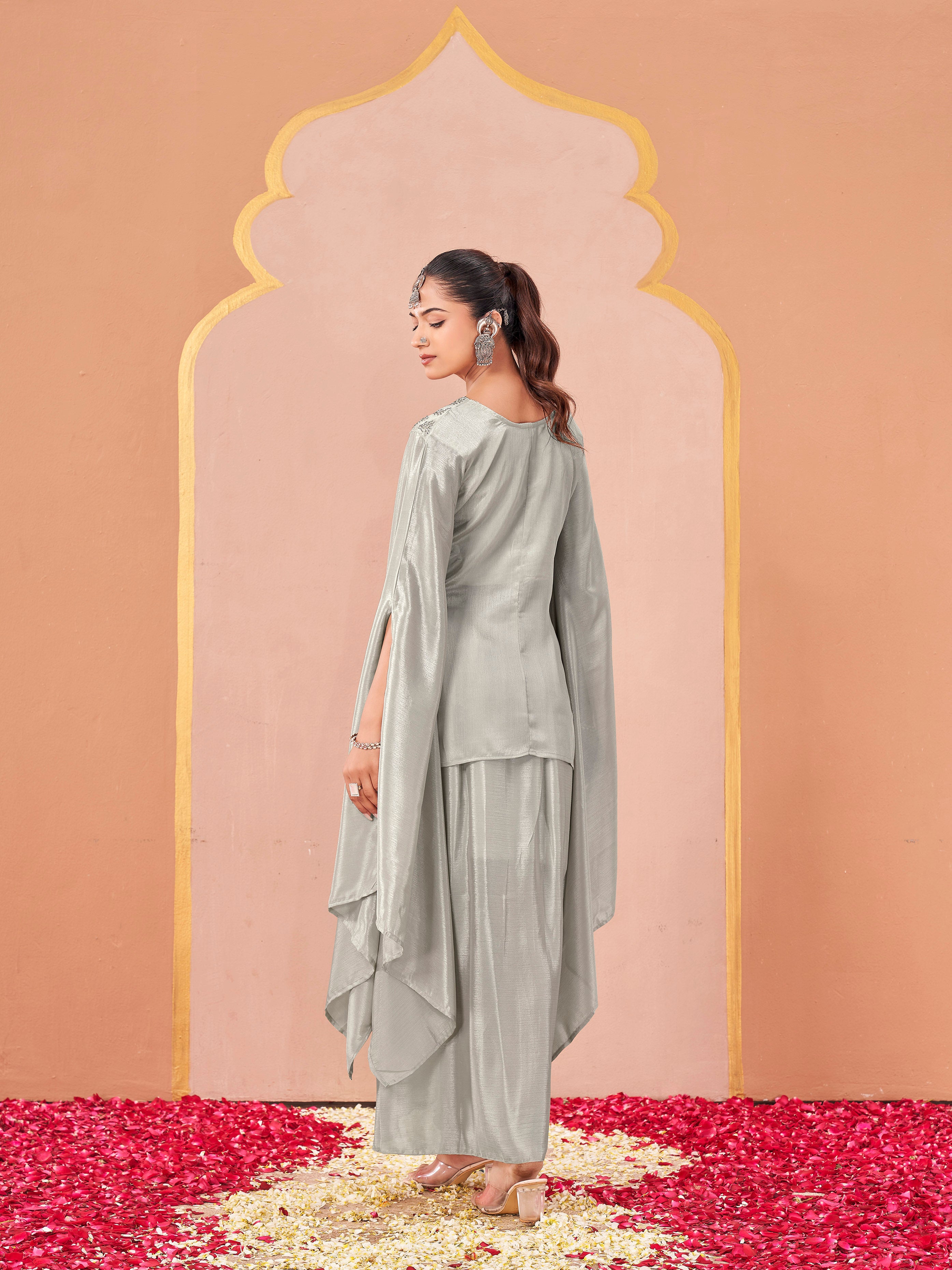 Steel Grey color silk blend with sequinns work kaftan style top & drape skirt co-ord set