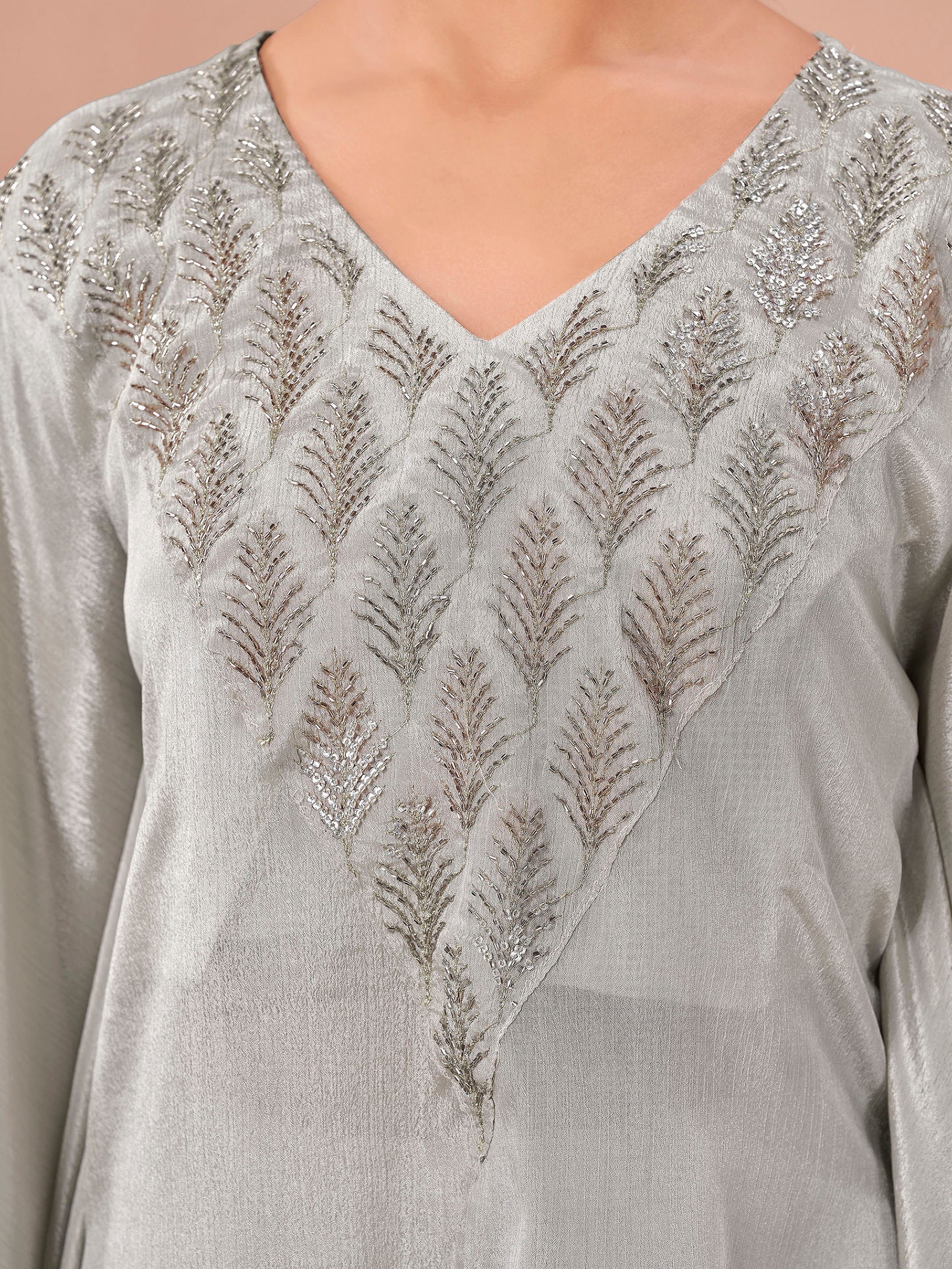 Steel Grey color silk blend with sequinns work kaftan style top & drape skirt co-ord set