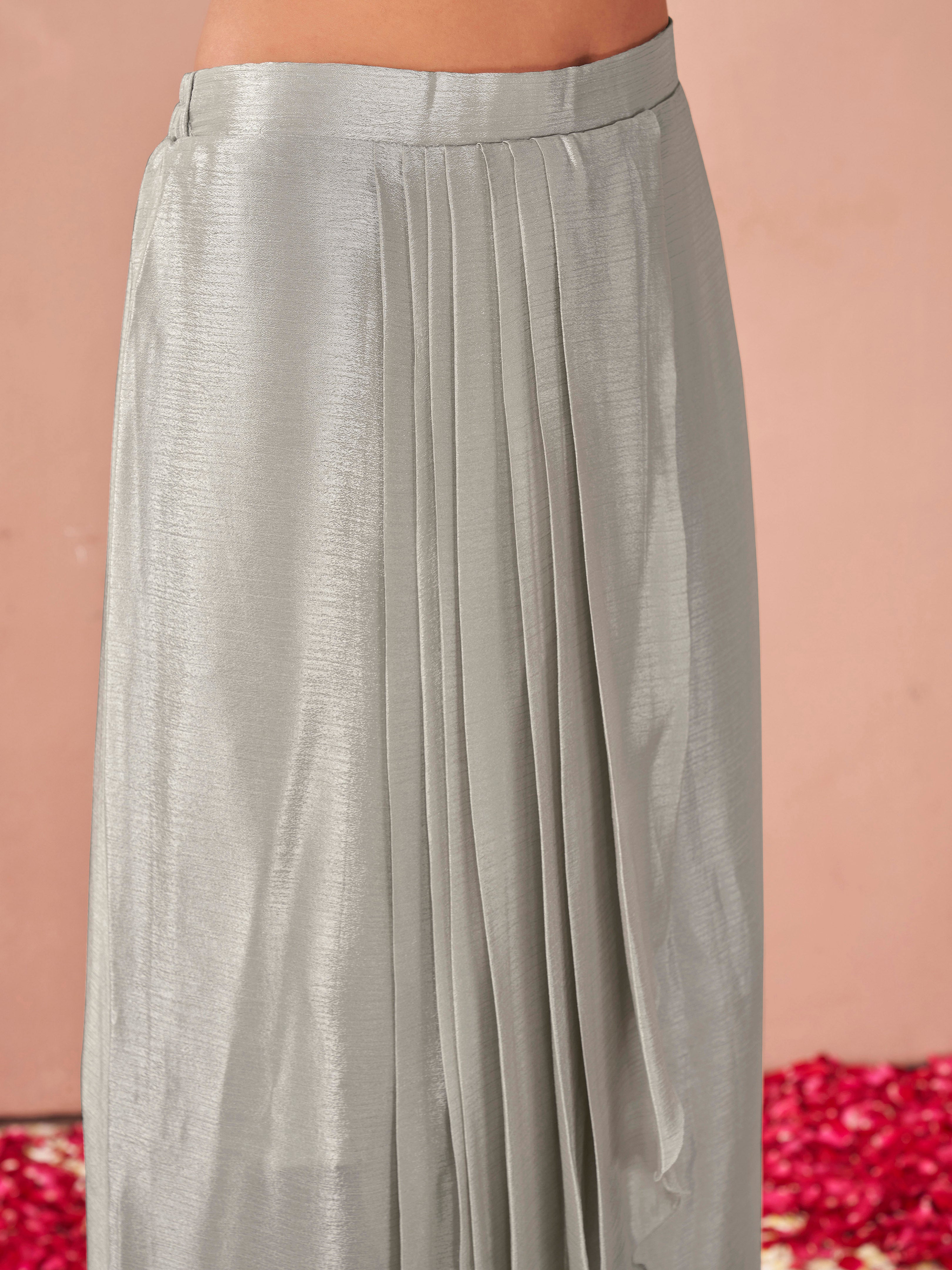 Steel Grey color silk blend with sequinns work kaftan style top & drape skirt co-ord set