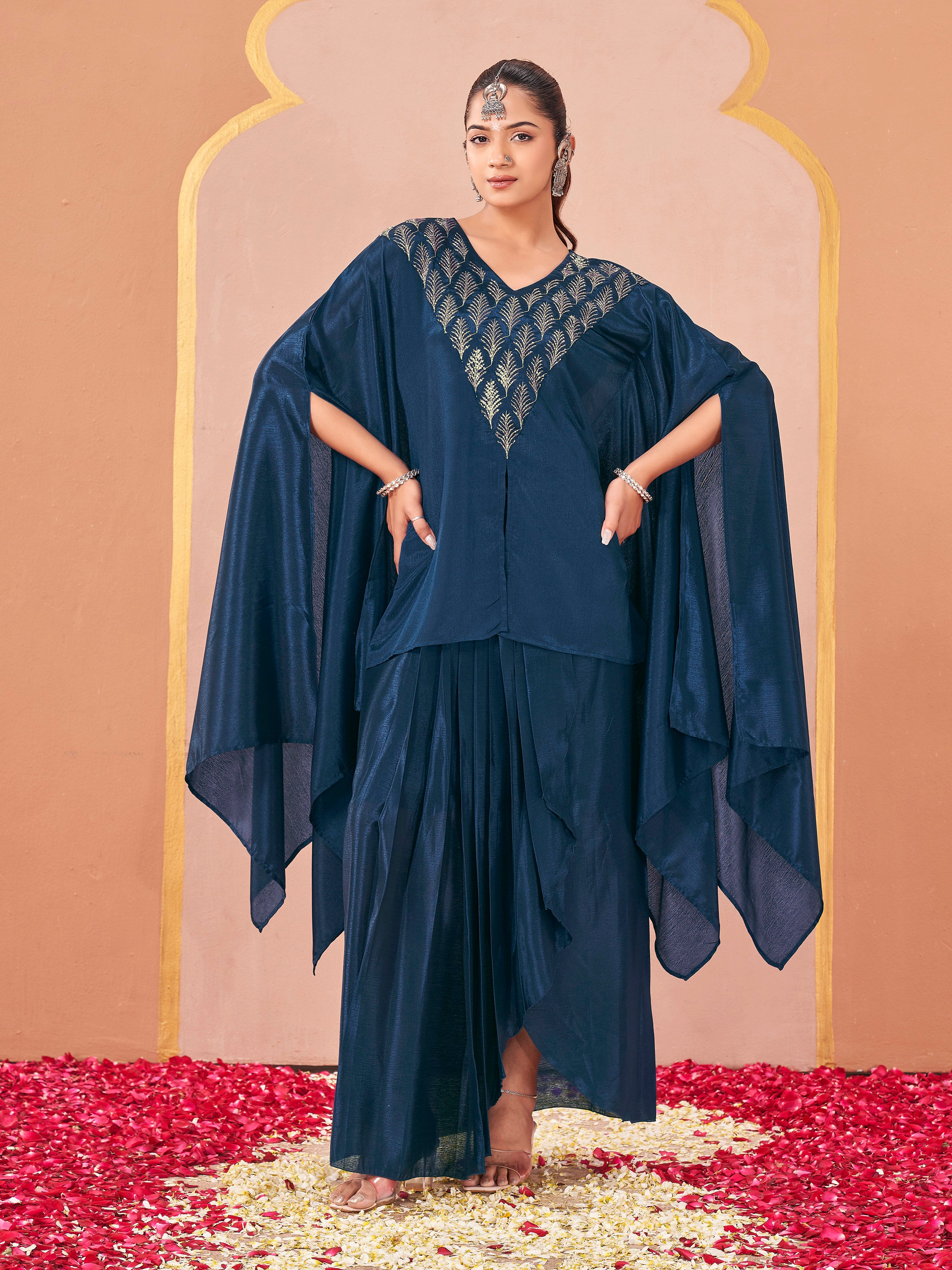 Teal color silk blend with sequenc work embroidered kaftan style top & drape skirt co-ord set