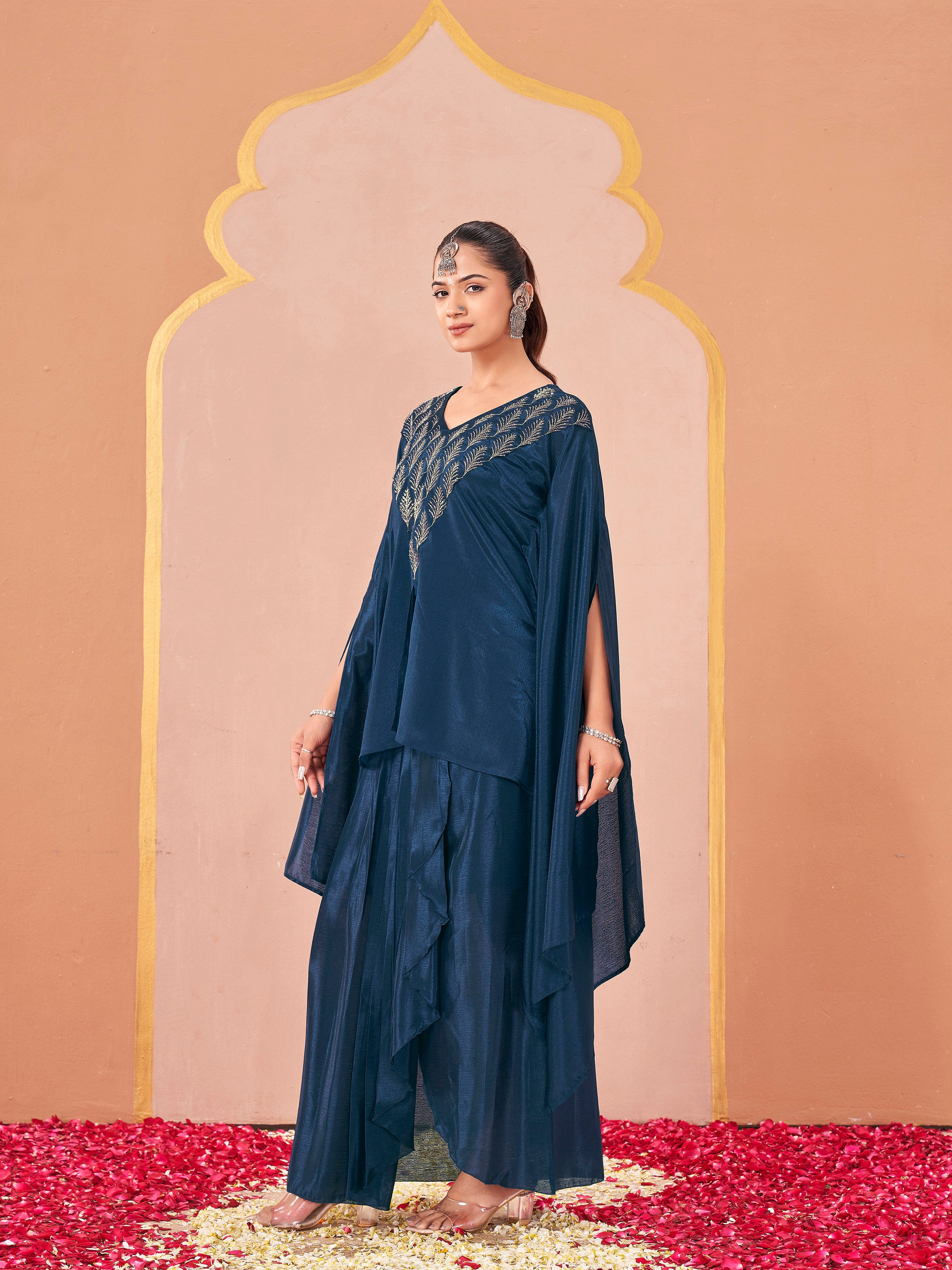 Teal color silk blend with sequenc work embroidered kaftan style top & drape skirt co-ord set