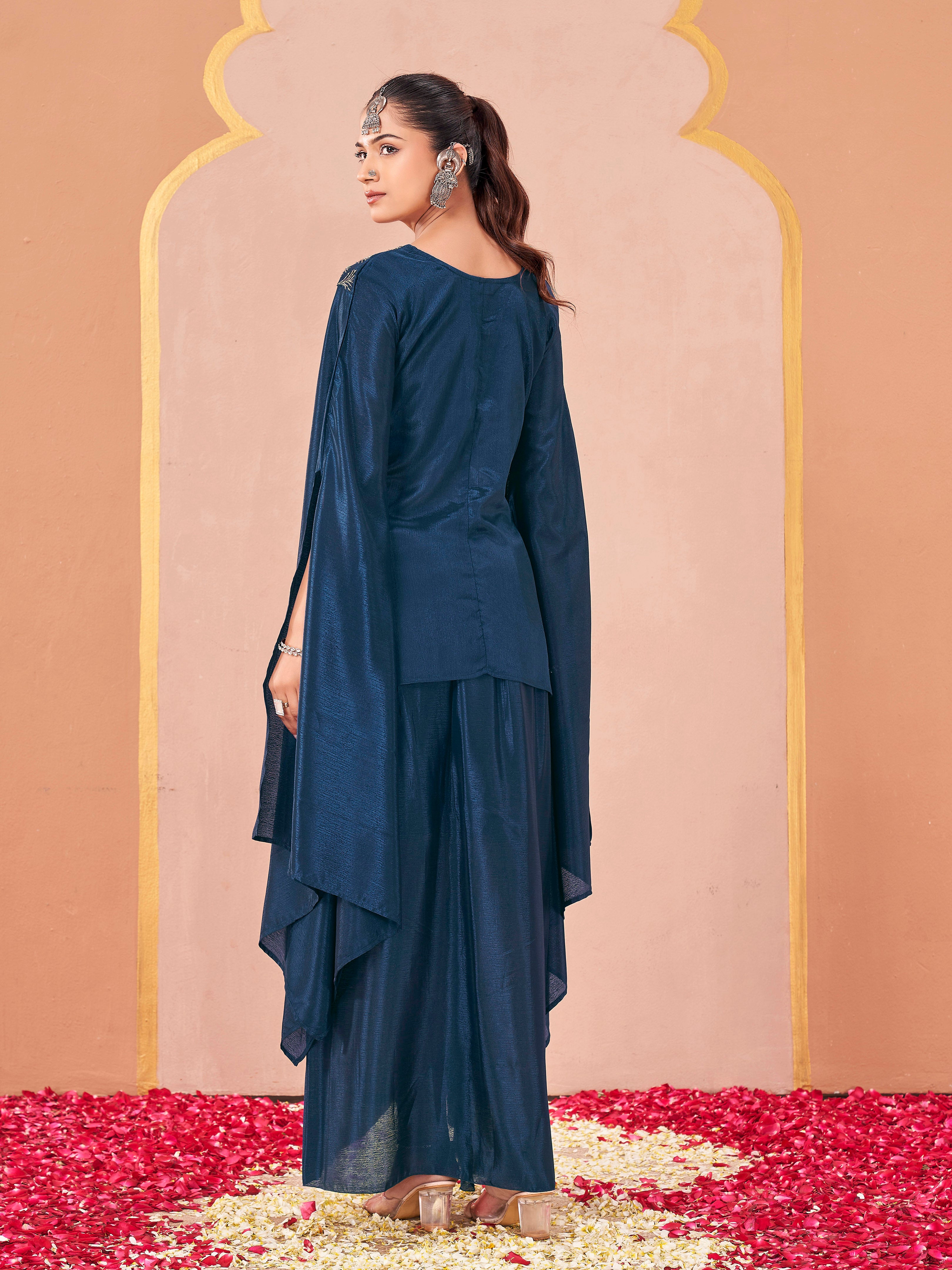 Teal color silk blend with sequenc work embroidered kaftan style top & drape skirt co-ord set