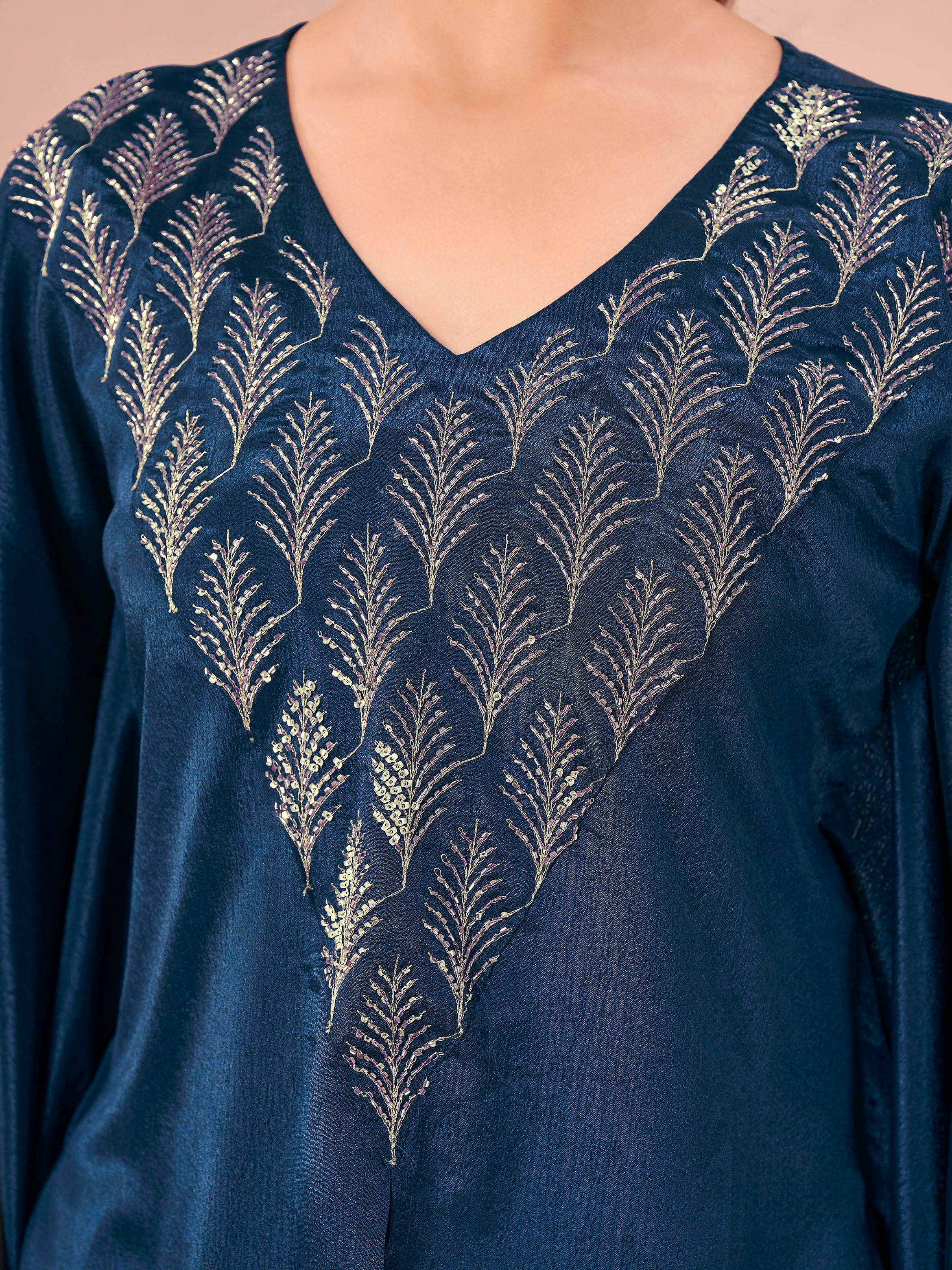 Teal color silk blend with sequenc work embroidered kaftan style top & drape skirt co-ord set