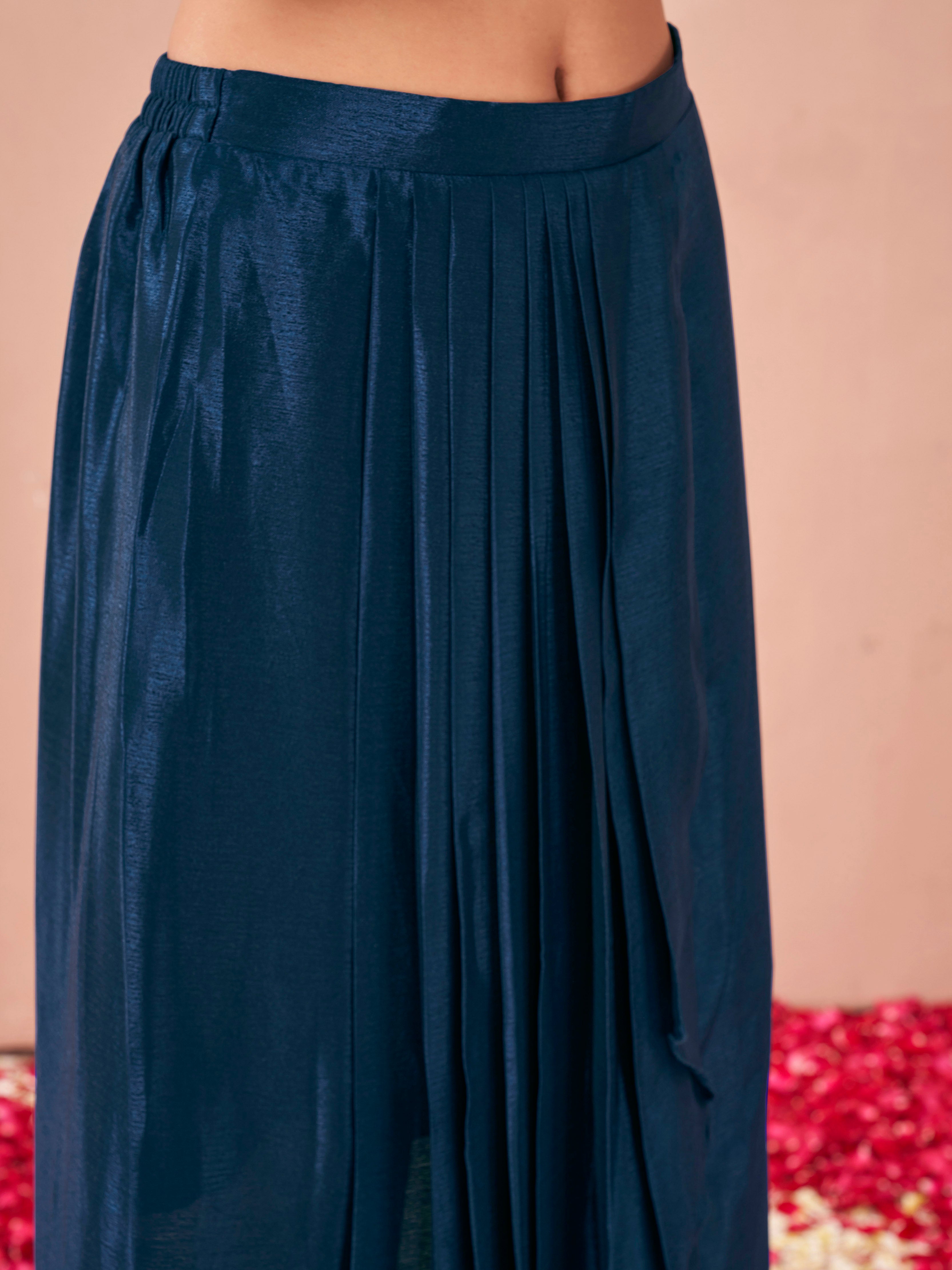 Teal color silk blend with sequenc work embroidered kaftan style top & drape skirt co-ord set