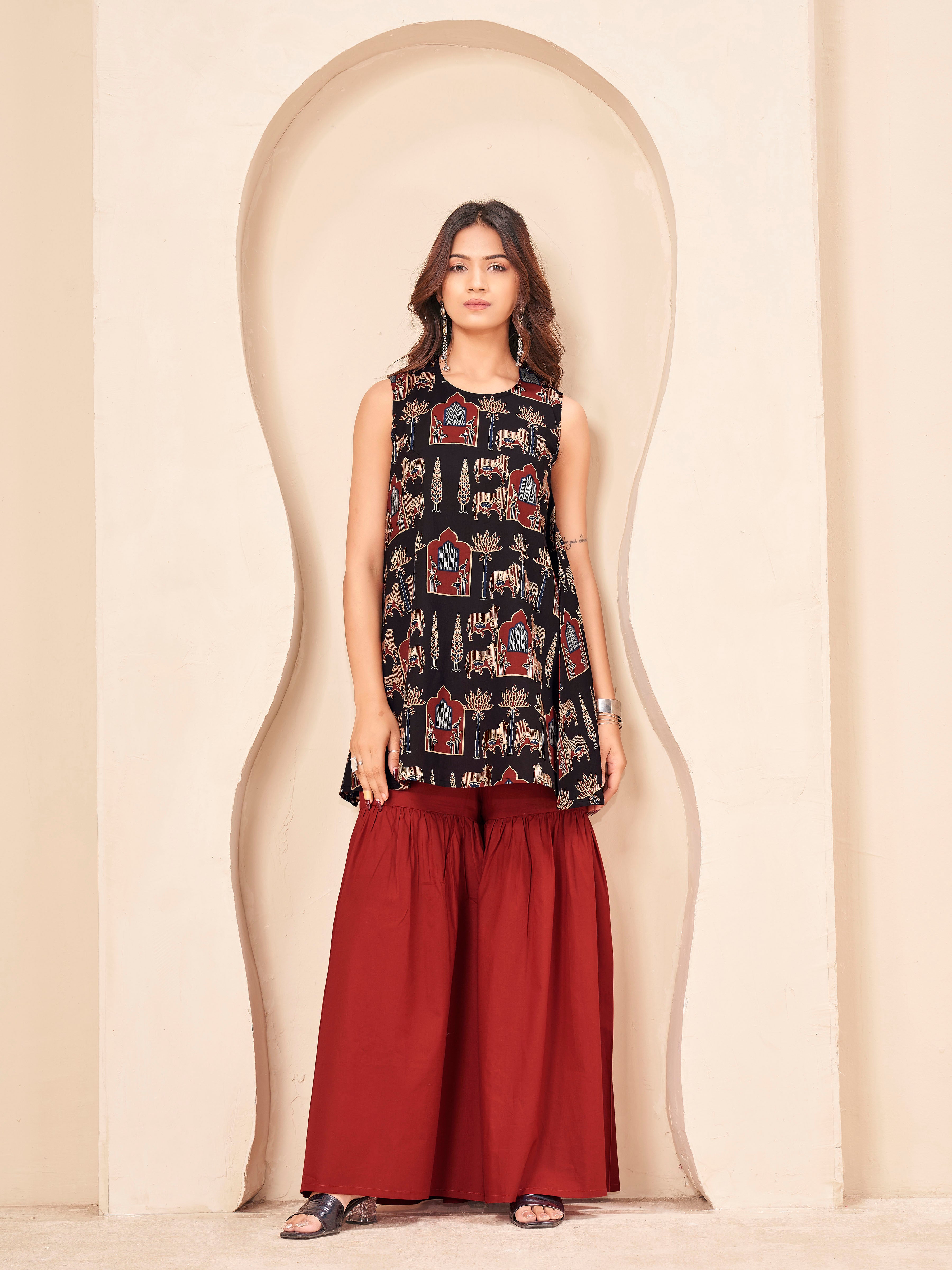 Black color pure cotton animal motif printed a-line tunic & solid sarara cordset