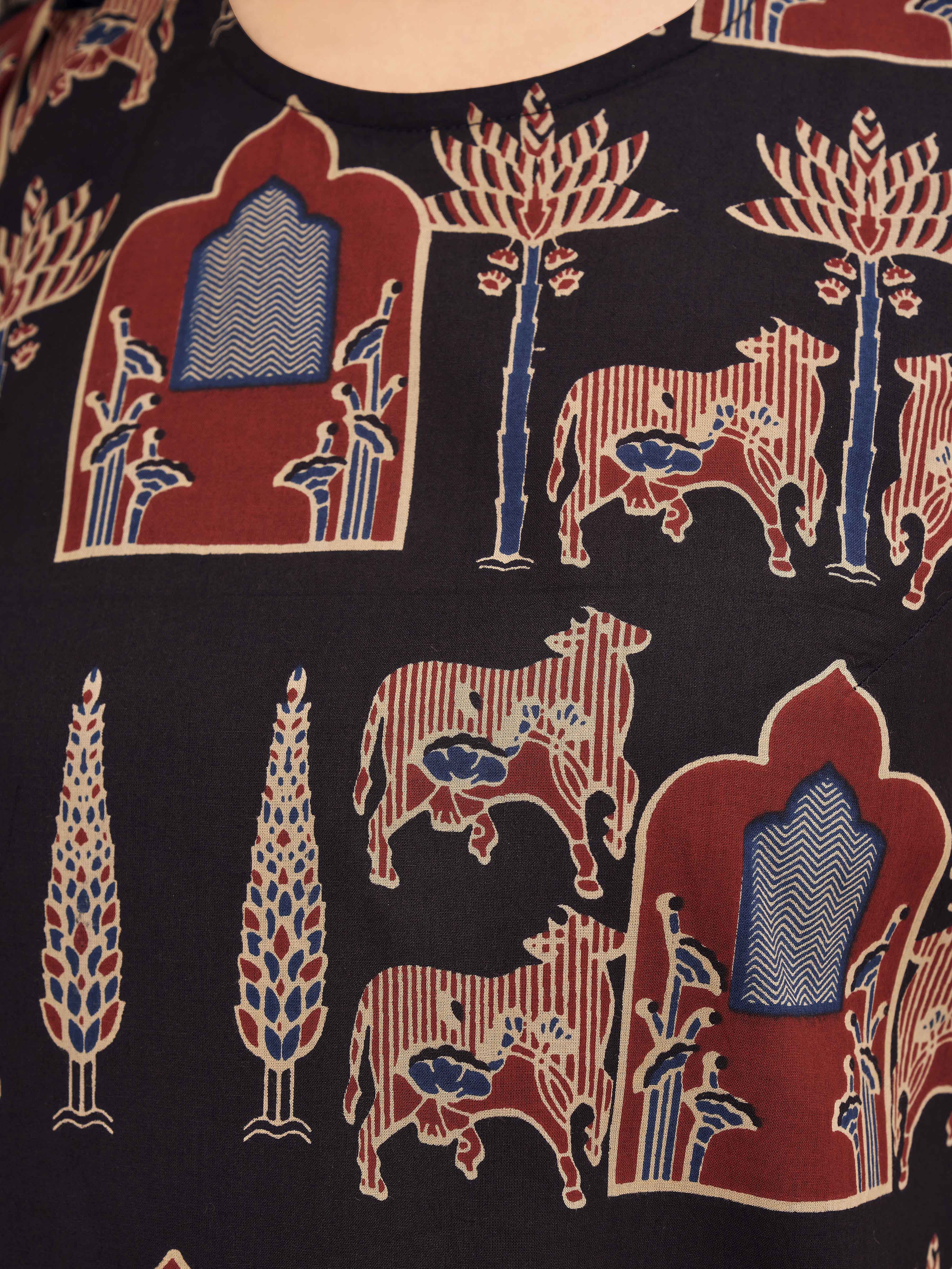 Black color pure cotton animal motif printed a-line tunic & solid sarara cordset