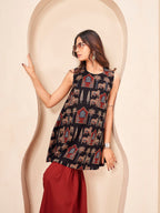 Black color pure cotton animal motif printed a-line tunic & solid sarara cordset