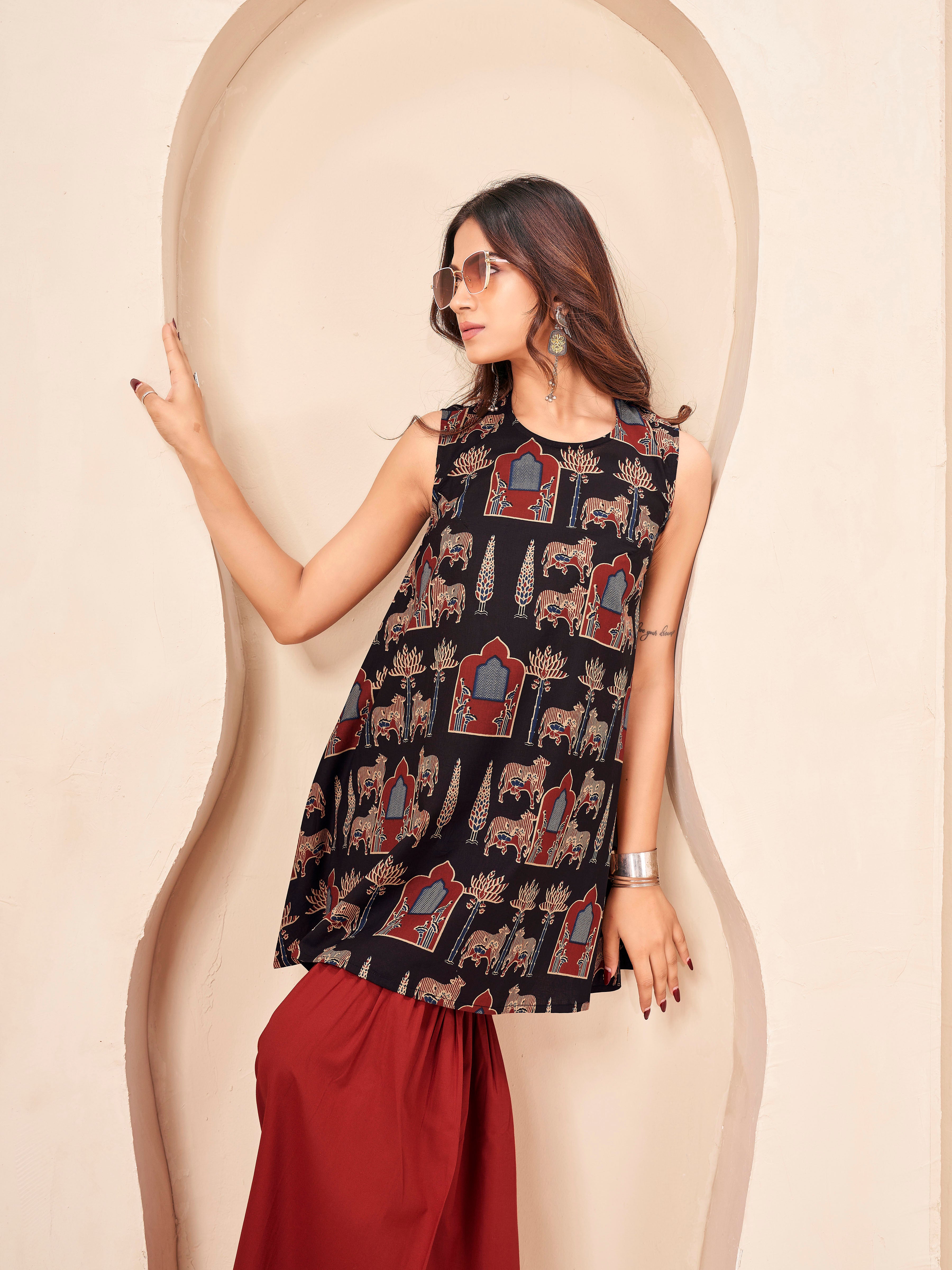 Black color pure cotton animal motif printed a-line tunic & solid sarara cordset