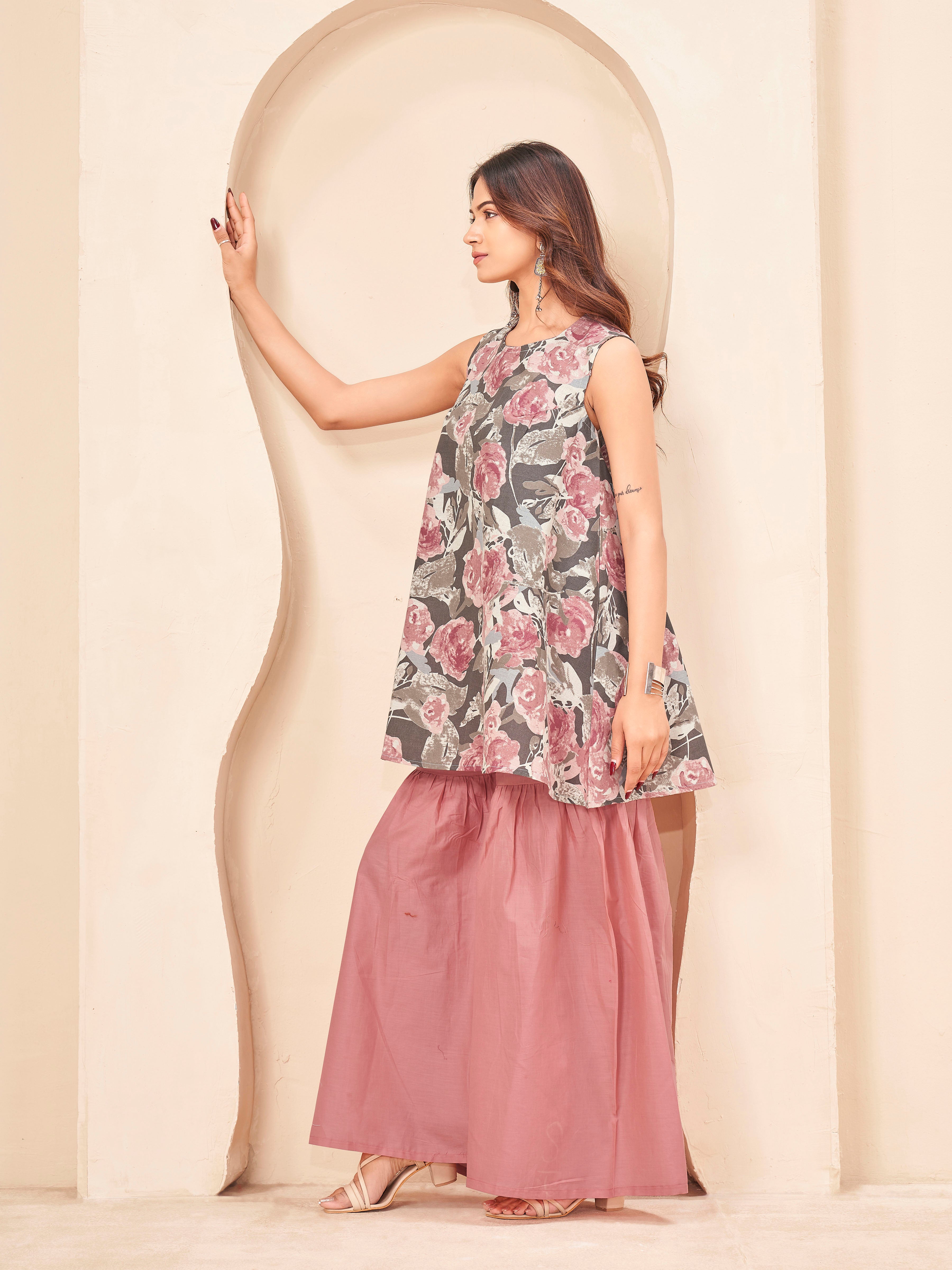 Multi color pure cotton flowral printed a-line tunic & solid sarara cordset