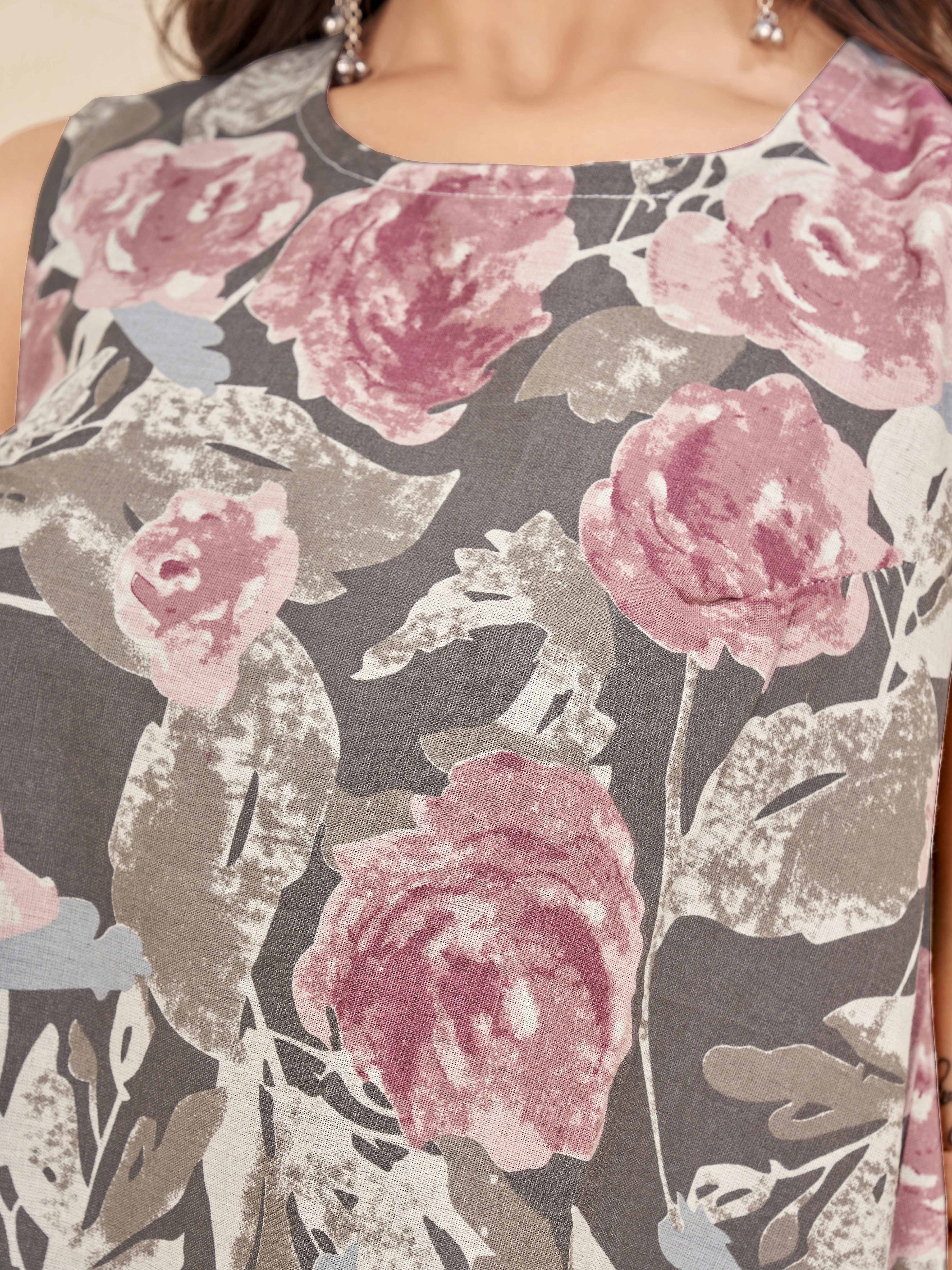 Multi color pure cotton flowral printed a-line tunic & solid sarara cordset