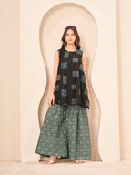 Coffee brown color pure cotton ethenic motif printed a-line tunic & ajrak sarara cordset