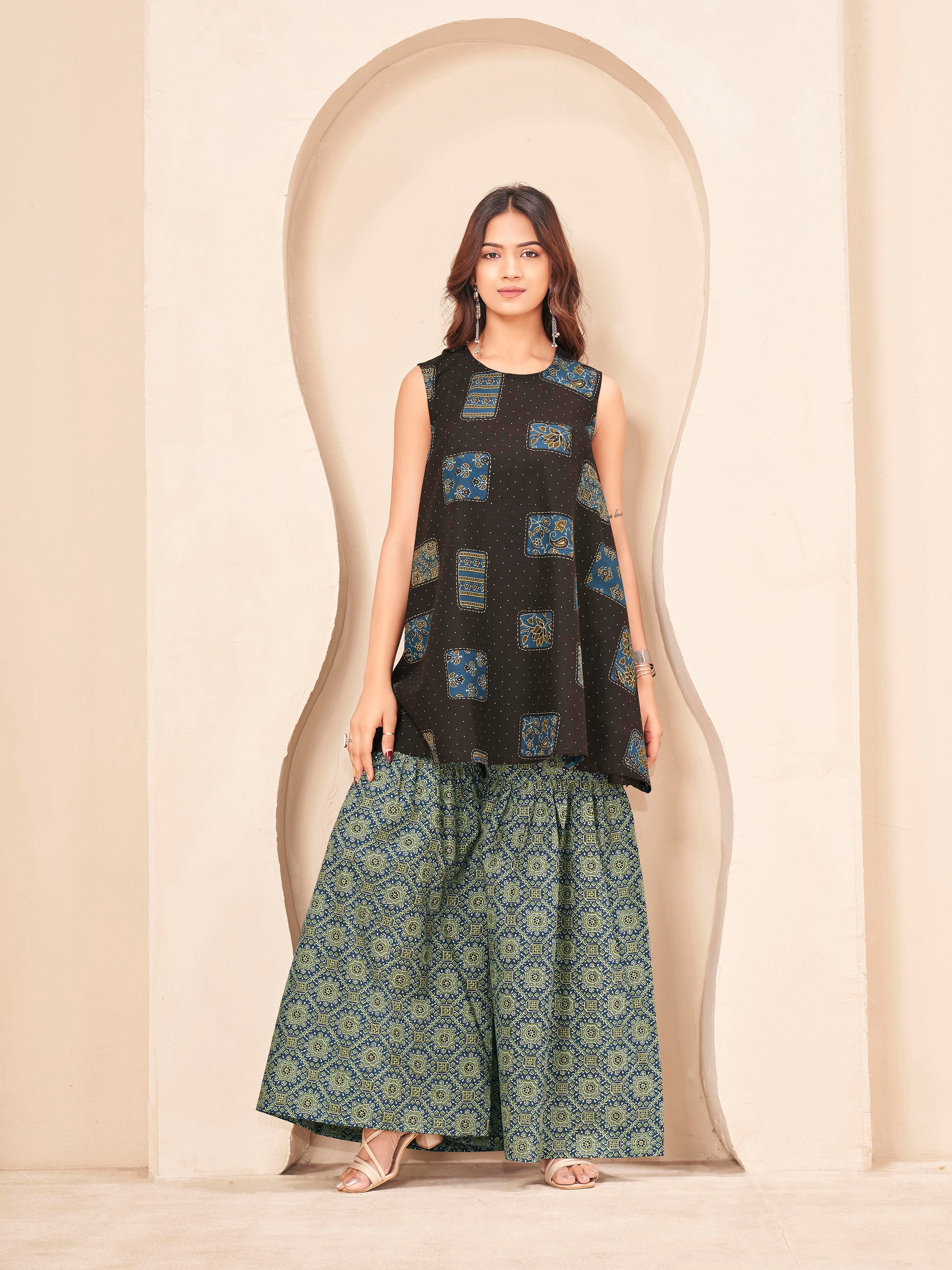 Coffee brown color pure cotton ethenic motif printed a-line tunic & ajrak sarara cordset