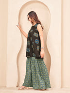 Coffee brown color pure cotton ethenic motif printed a-line tunic & ajrak sarara cordset