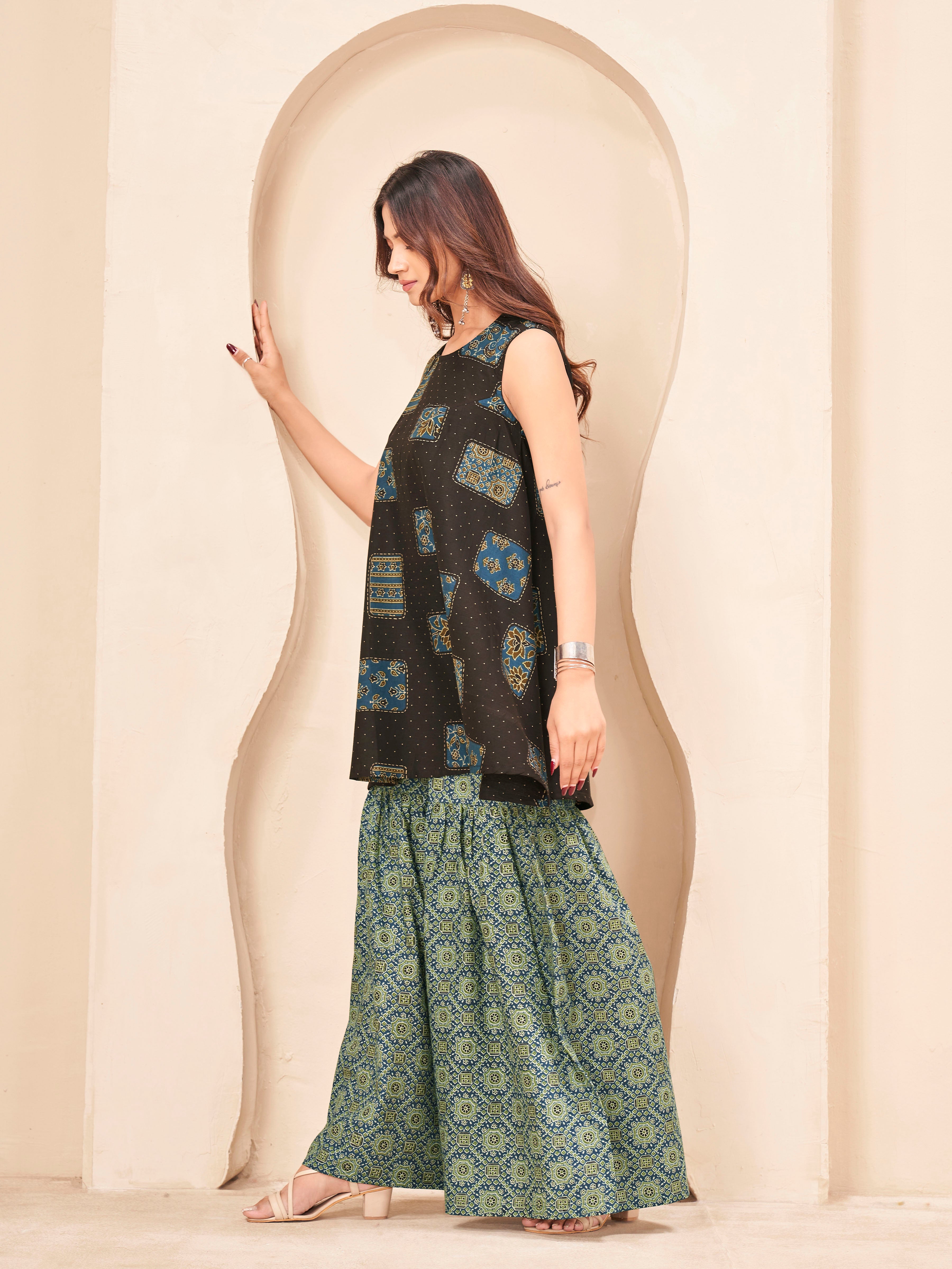 Coffee brown color pure cotton ethenic motif printed a-line tunic & ajrak sarara cordset