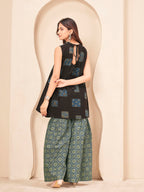 Coffee brown color pure cotton ethenic motif printed a-line tunic & ajrak sarara cordset