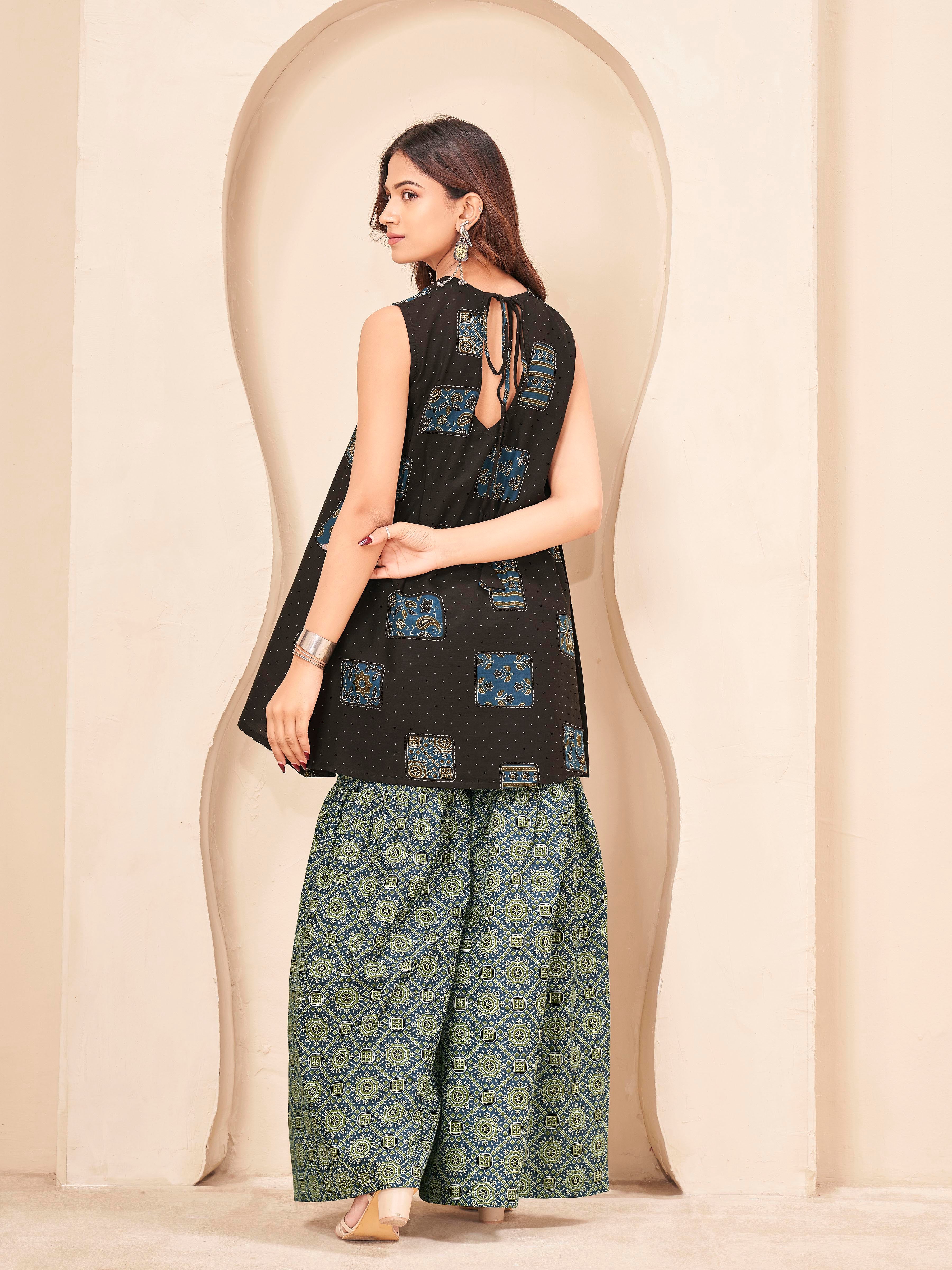 Coffee brown color pure cotton ethenic motif printed a-line tunic & ajrak sarara cordset
