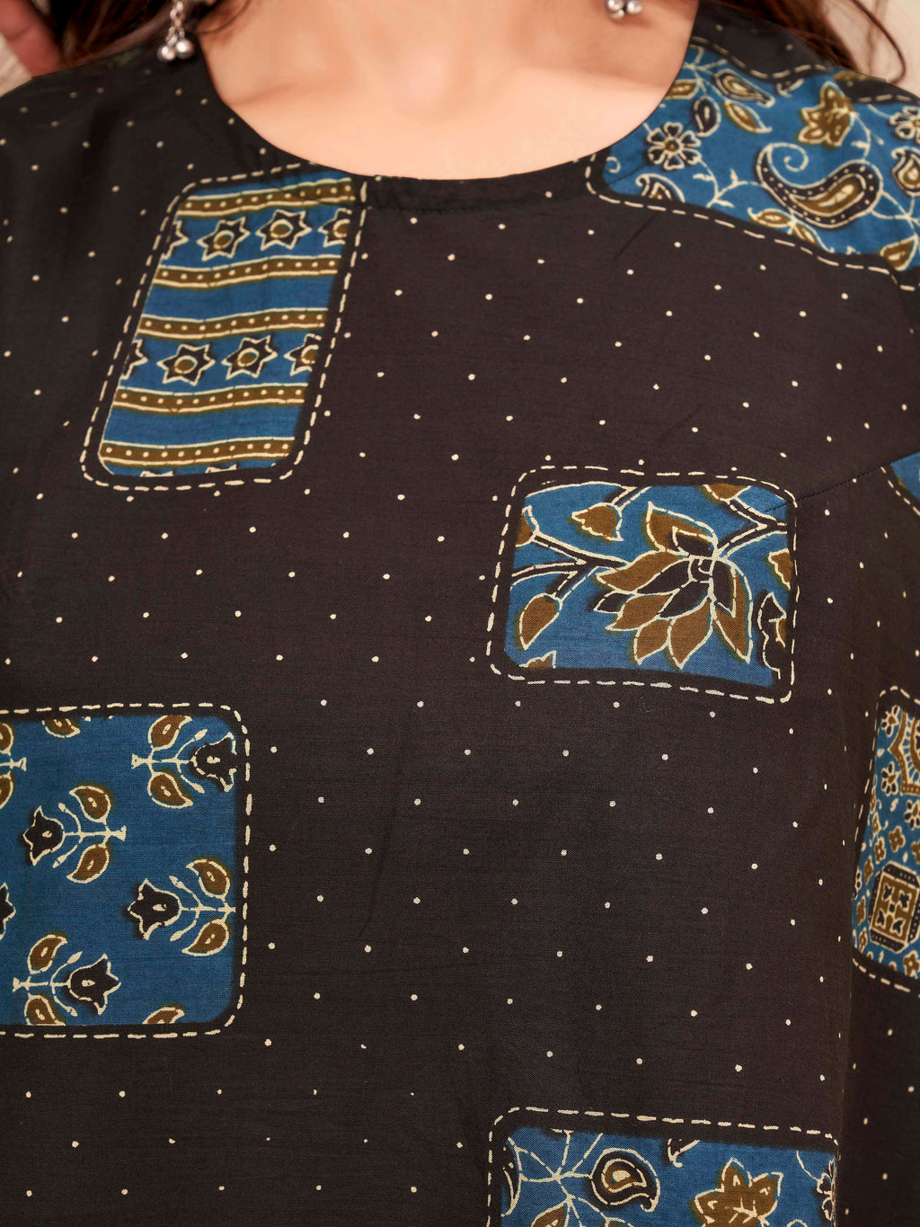 Coffee brown color pure cotton ethenic motif printed a-line tunic & ajrak sarara cordset