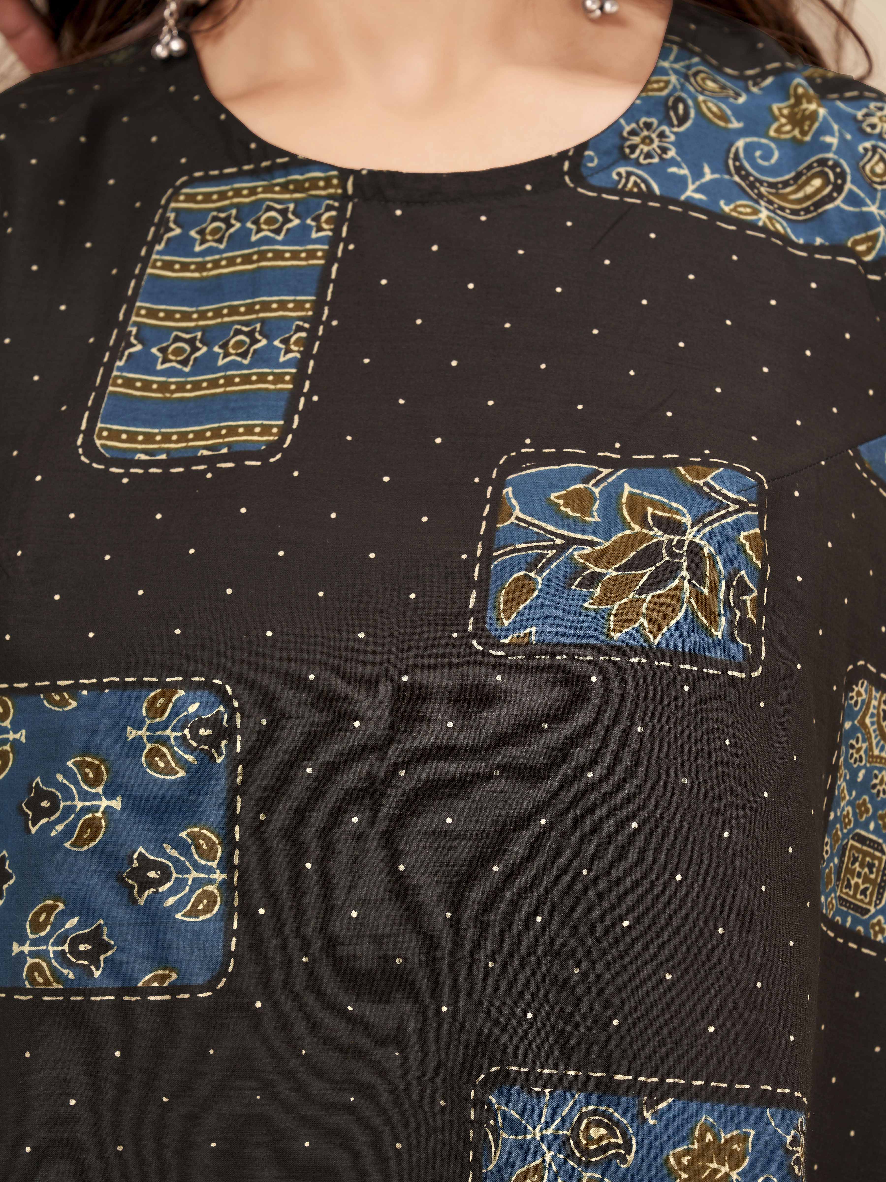 Coffee brown color pure cotton ethenic motif printed a-line tunic & ajrak sarara cordset
