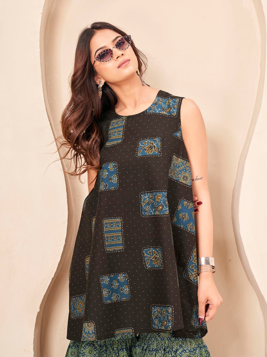 Coffee brown color pure cotton ethenic motif printed a-line tunic & ajrak sarara cordset