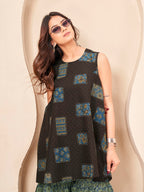 Coffee brown color pure cotton ethenic motif printed a-line tunic & ajrak sarara cordset