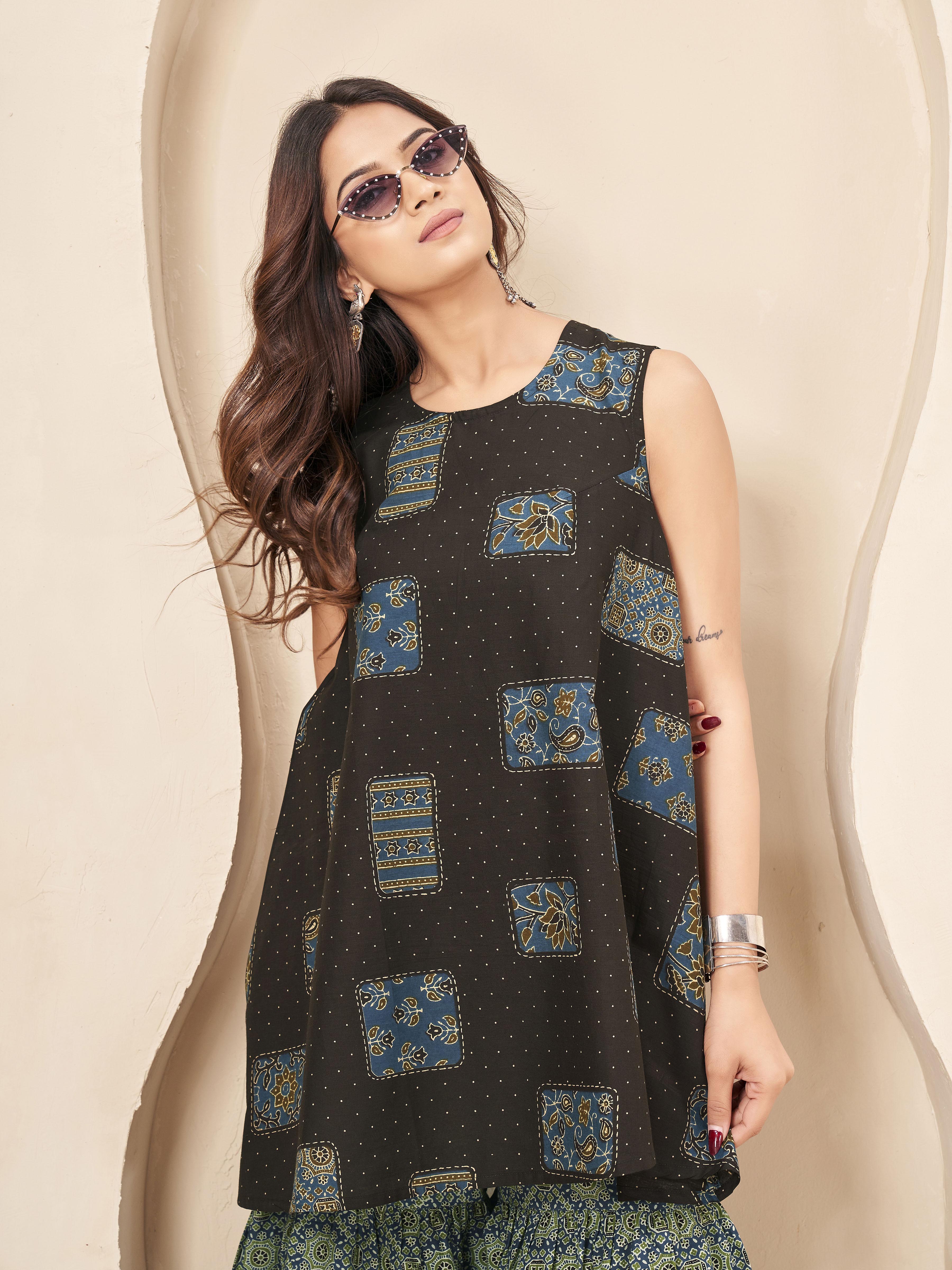Coffee brown color pure cotton ethenic motif printed a-line tunic & ajrak sarara cordset
