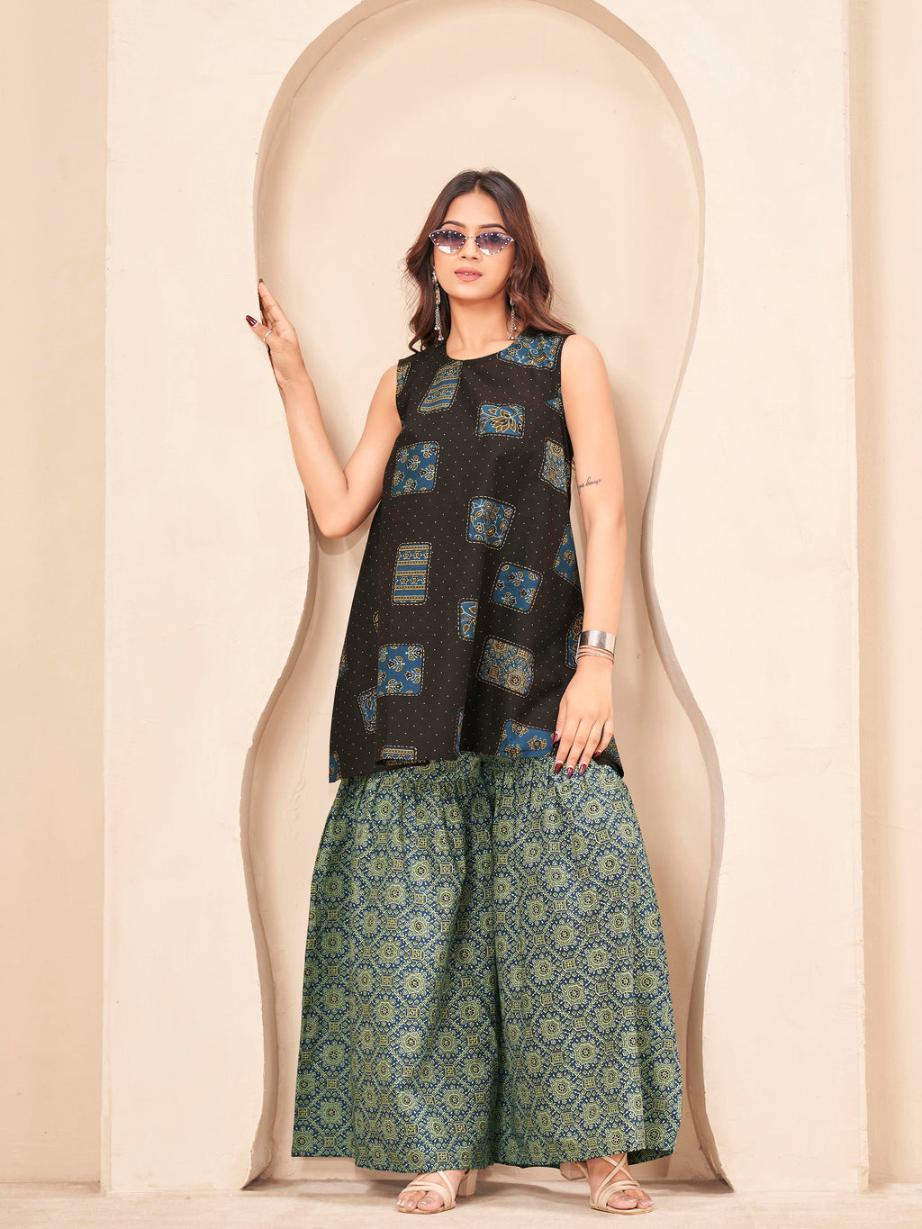 Coffee brown color pure cotton ethenic motif printed a-line tunic & ajrak sarara cordset