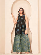 Coffee brown color pure cotton ethenic motif printed a-line tunic & ajrak sarara cordset